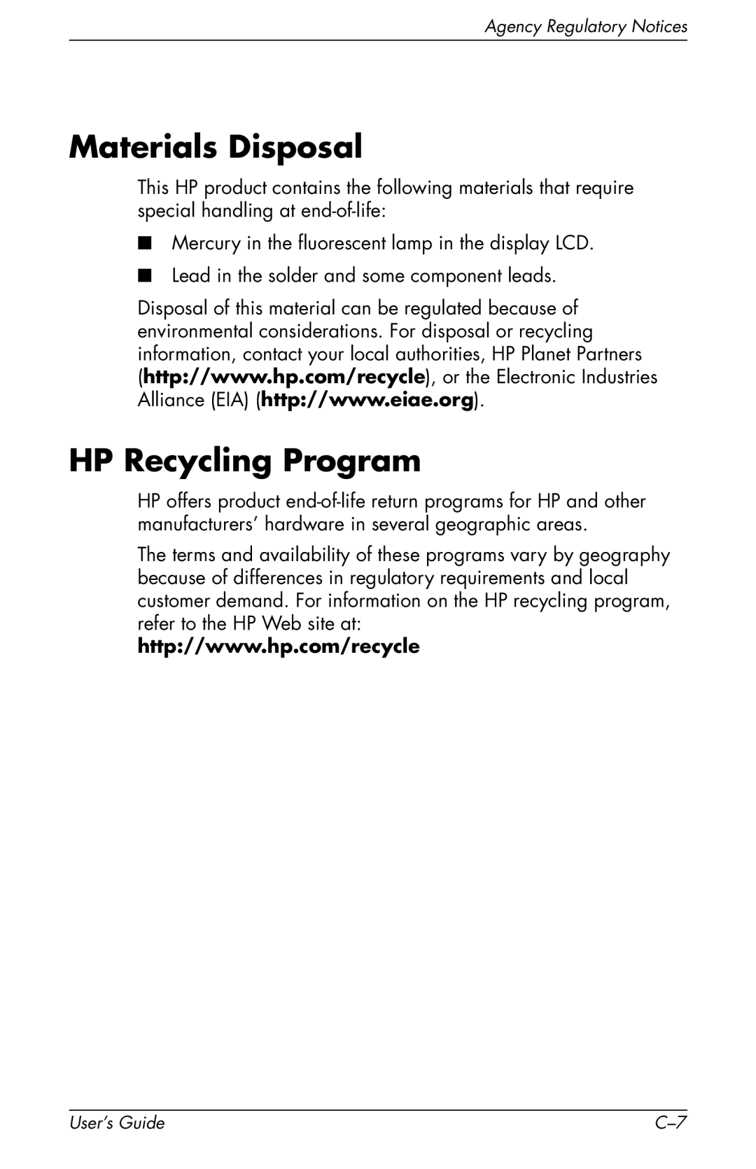 HP F2105 manual Materials Disposal, HP Recycling Program 