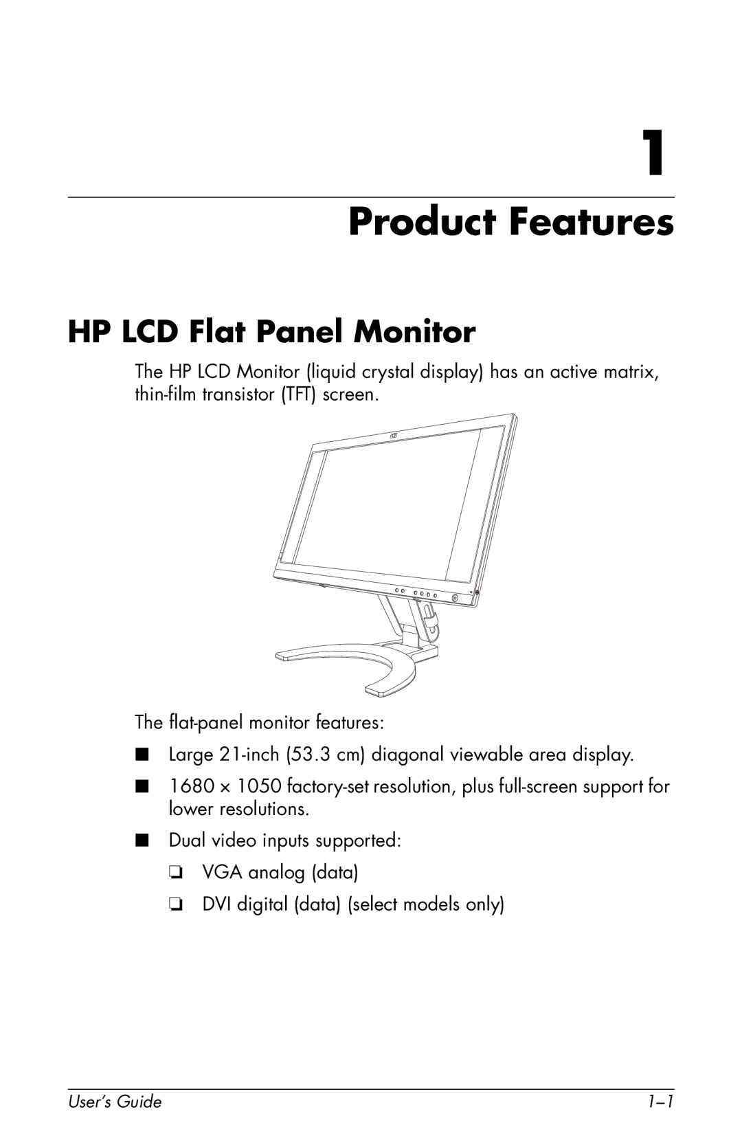 HP F2105 manual Product Features, HP LCD Flat Panel Monitor 