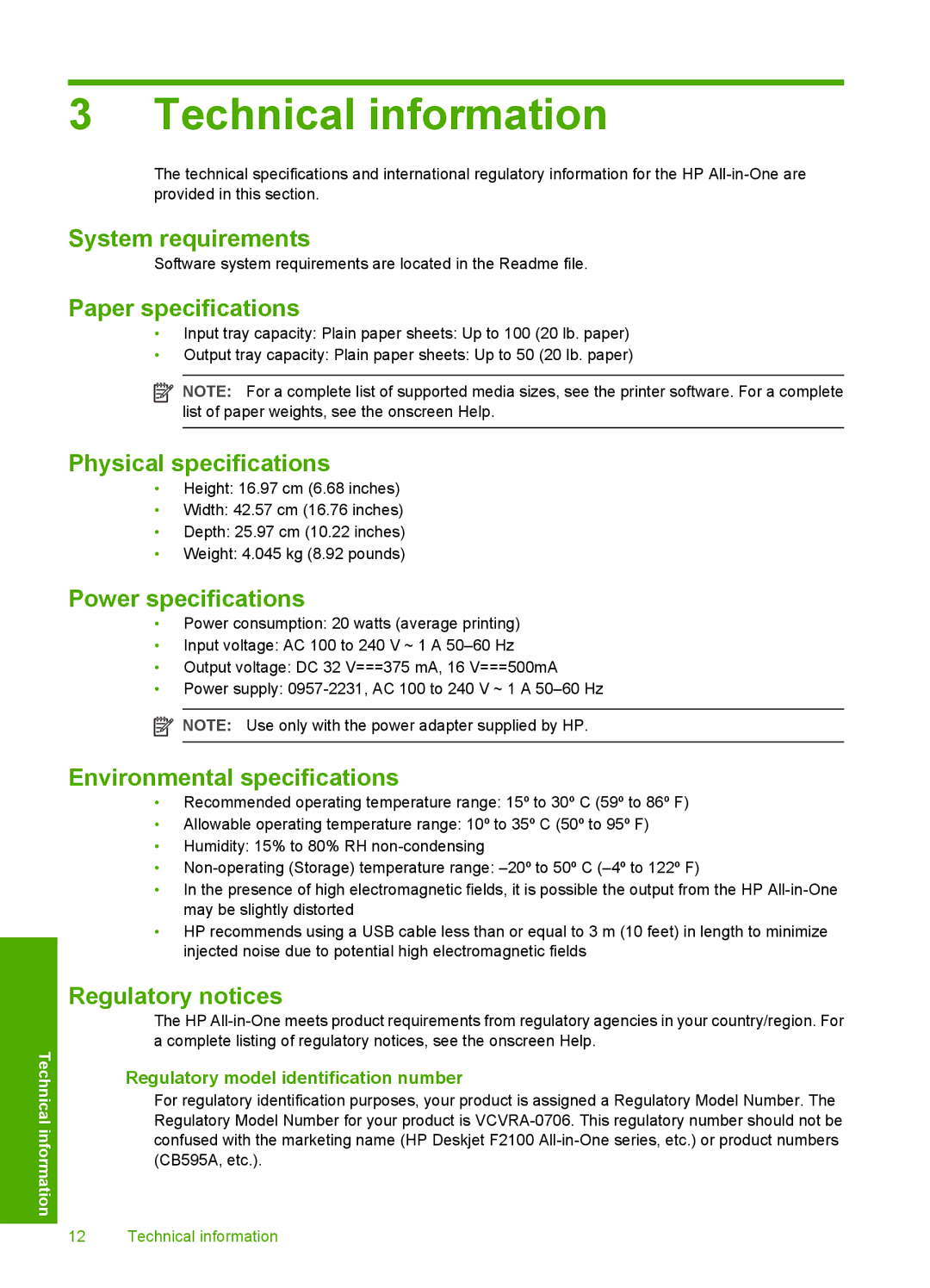 HP F2110, F2180, F2140 manual Technical information 