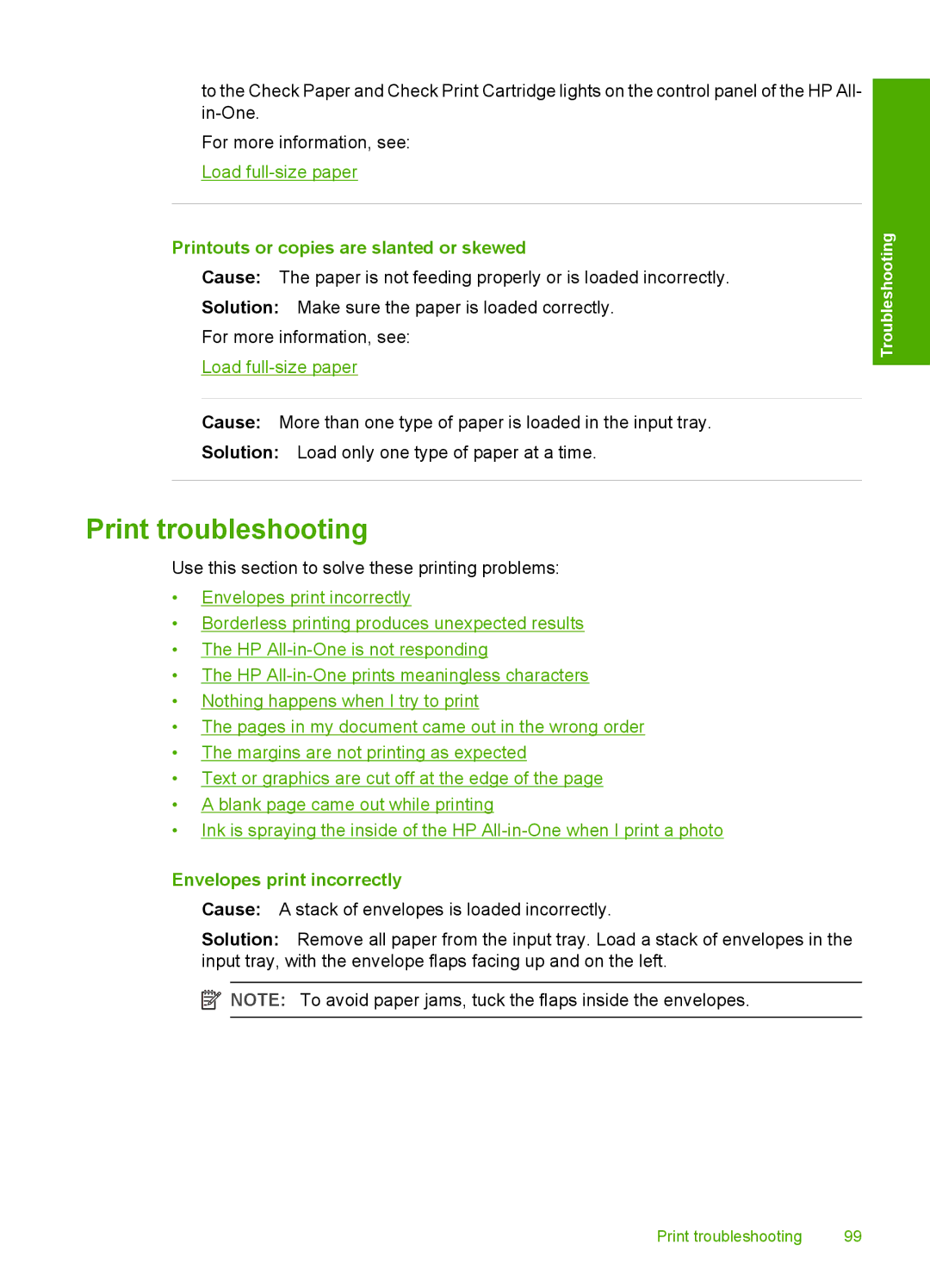 HP F2180, F2187, F2140, F2120 Print troubleshooting, Printouts or copies are slanted or skewed, Envelopes print incorrectly 