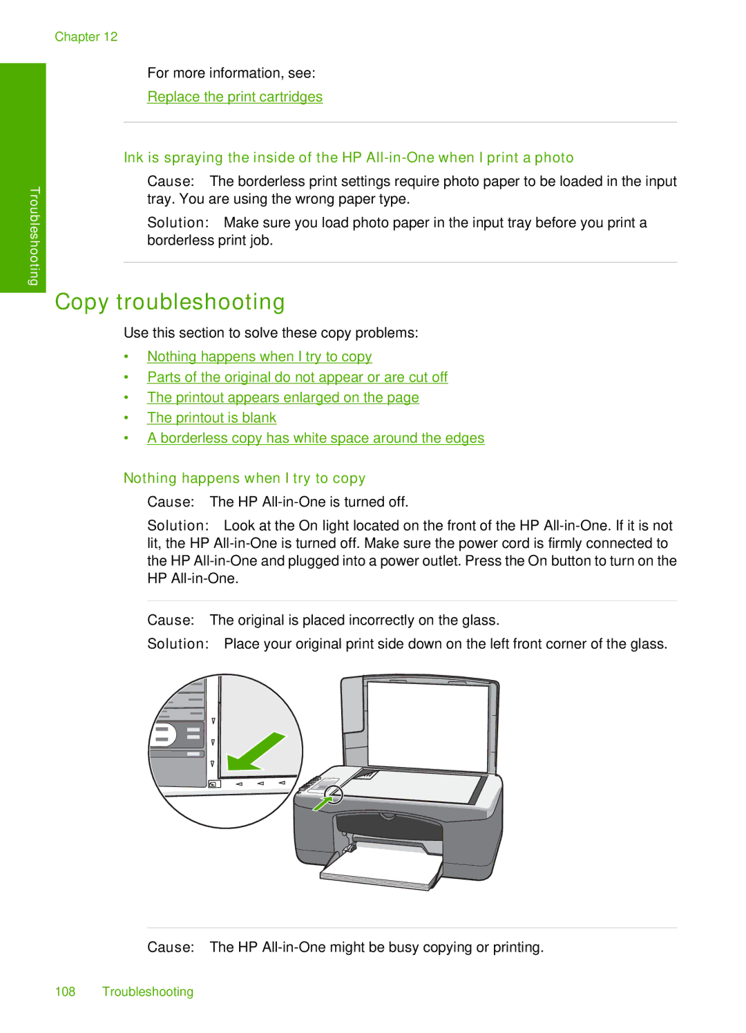 HP F2187, F2180, F2140, F2120, F2110 manual Copy troubleshooting, Nothing happens when I try to copy 