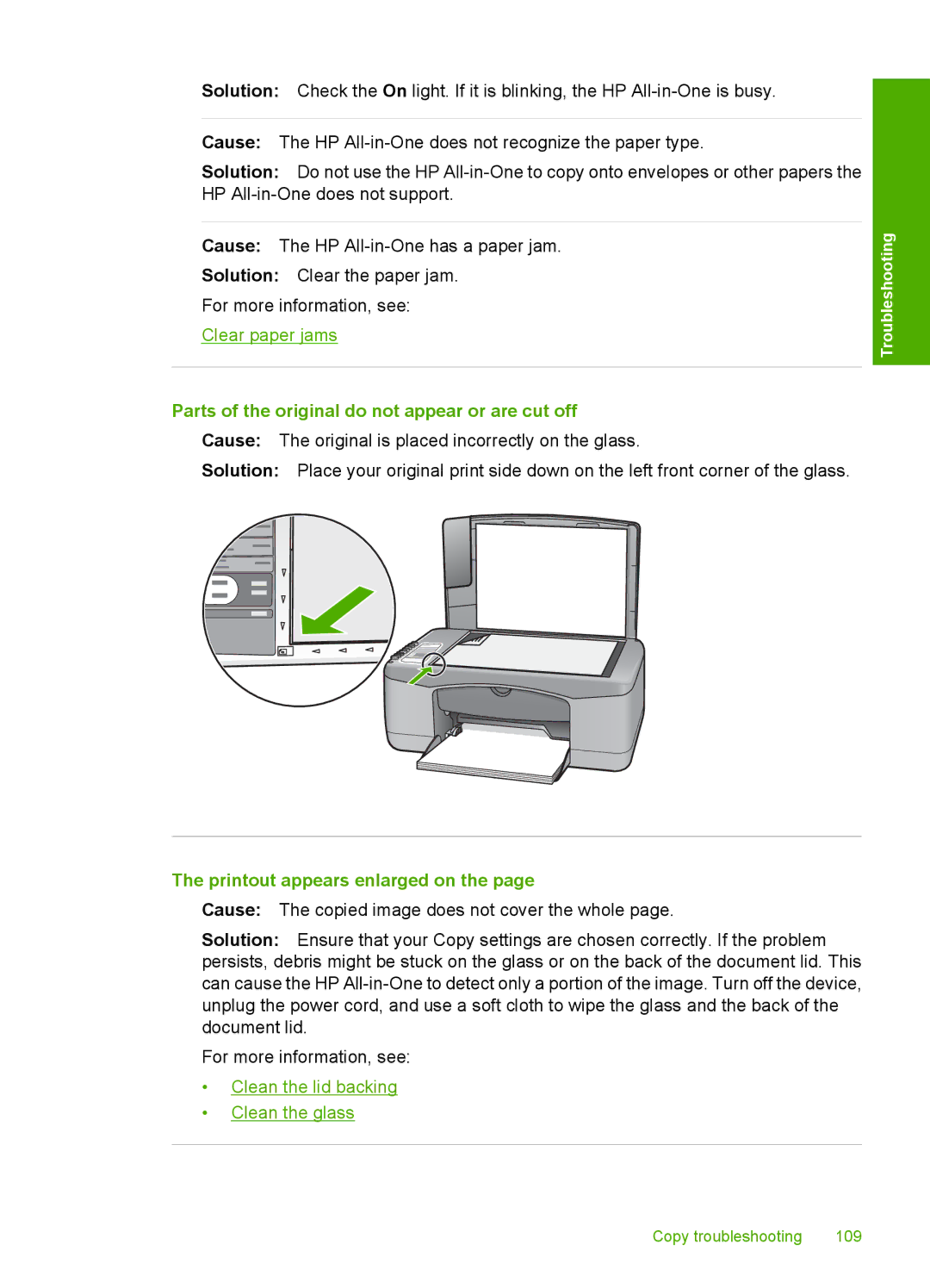 HP F2180, F2187, F2140, F2120, F2110 manual Parts of the original do not appear or are cut off, Printout appears enlarged on 