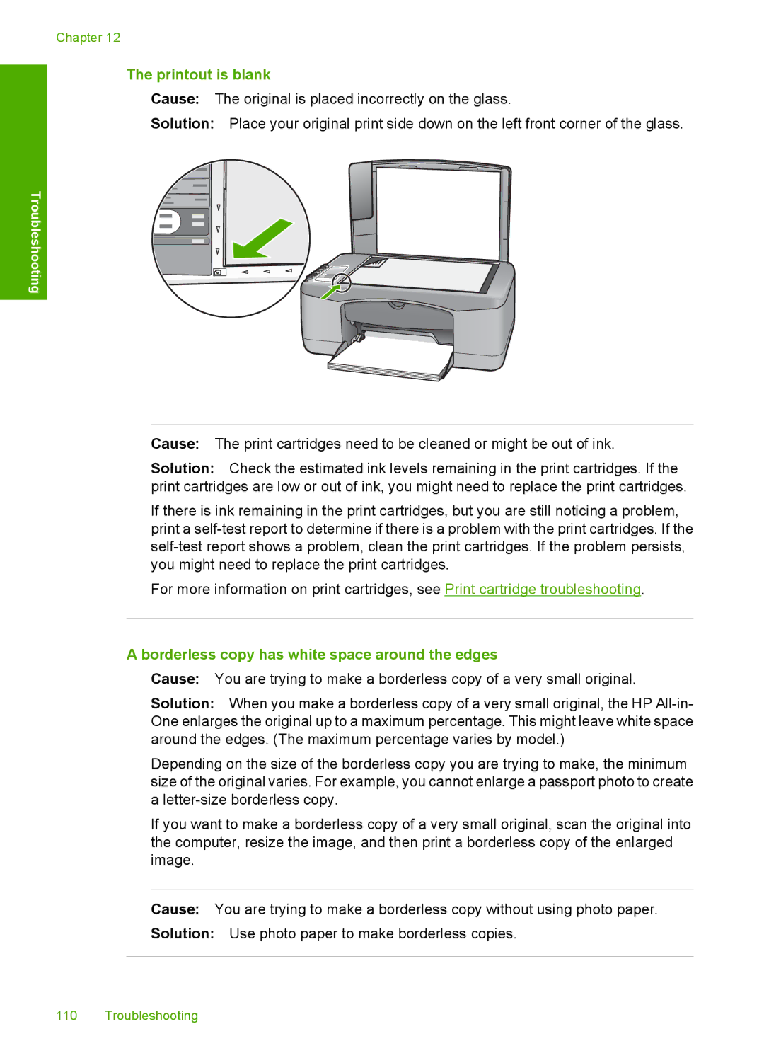 HP F2140, F2187, F2180, F2120, F2110 manual Printout is blank, Borderless copy has white space around the edges 