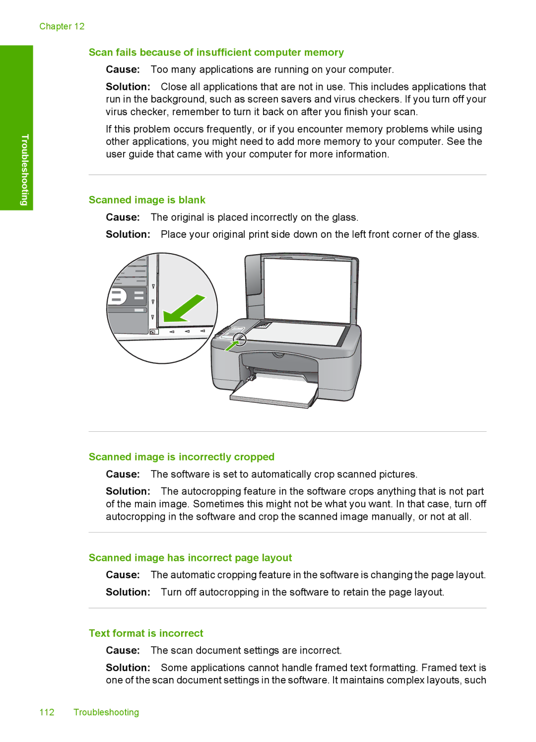 HP F2110 Scan fails because of insufficient computer memory, Scanned image is blank, Scanned image is incorrectly cropped 