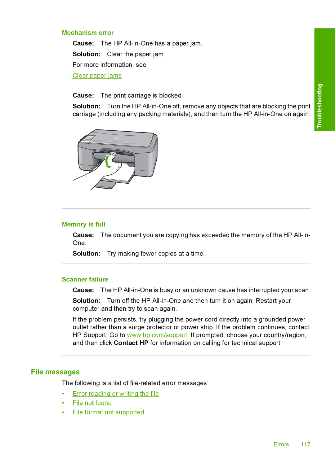 HP F2110, F2187, F2180, F2140, F2120 manual File messages, Mechanism error, Memory is full, Scanner failure 