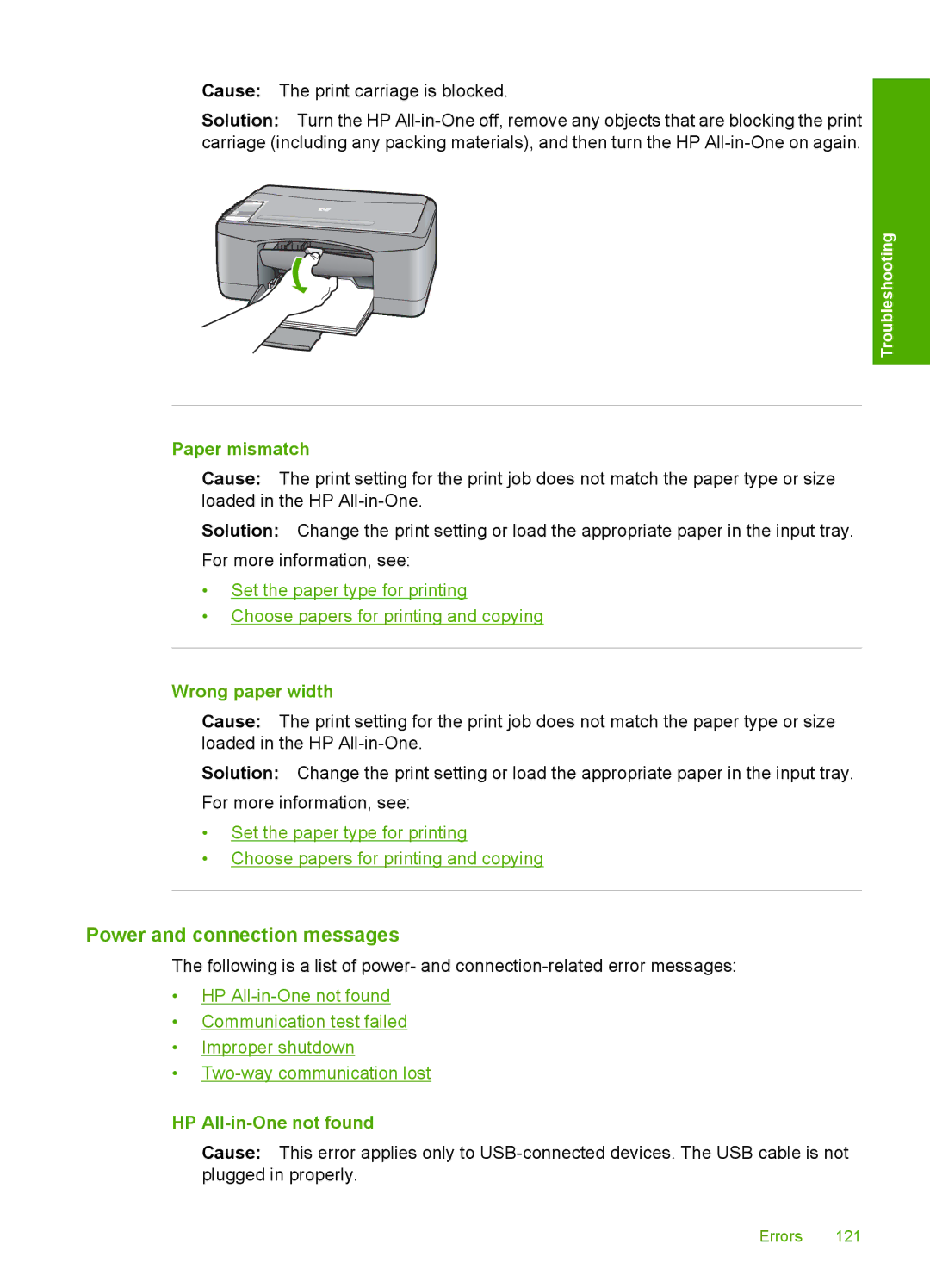 HP F2120, F2187, F2180, F2140 manual Power and connection messages, Paper mismatch, Wrong paper width, HP All-in-One not found 