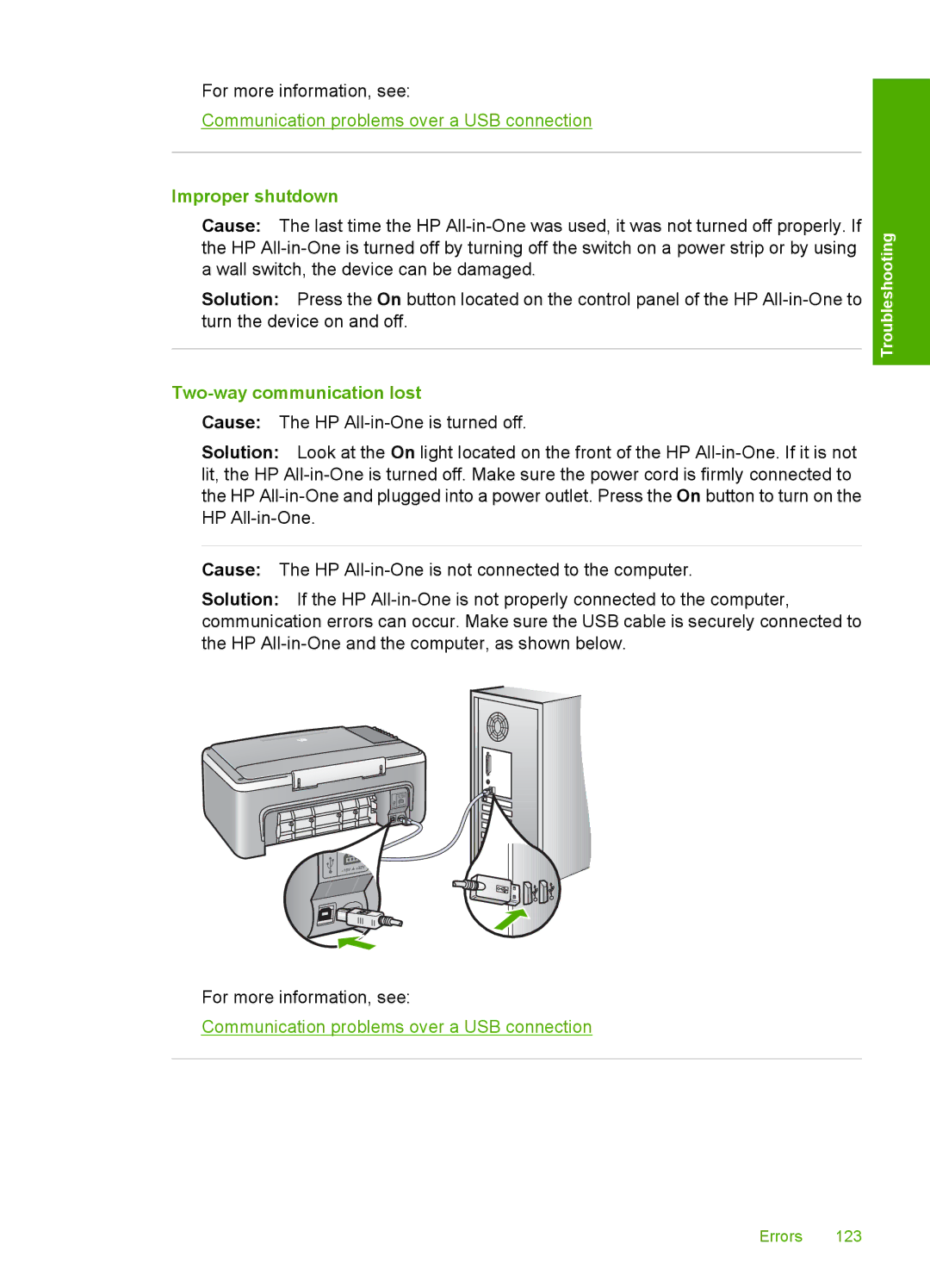 HP F2187, F2180, F2140, F2120, F2110 manual Improper shutdown, Two-way communication lost 