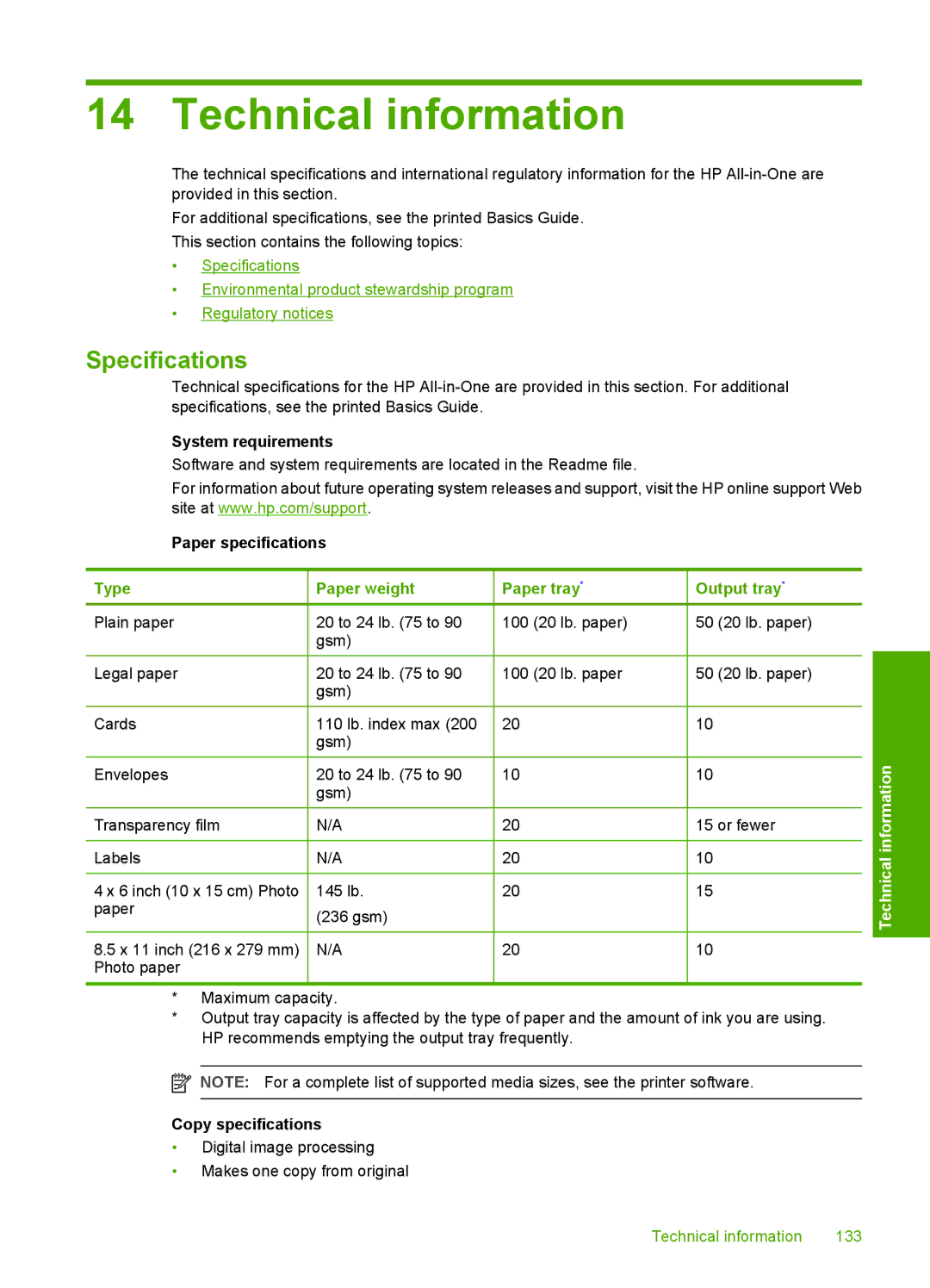 HP F2187, F2180, F2140, F2120, F2110 manual Technical information, Specifications 