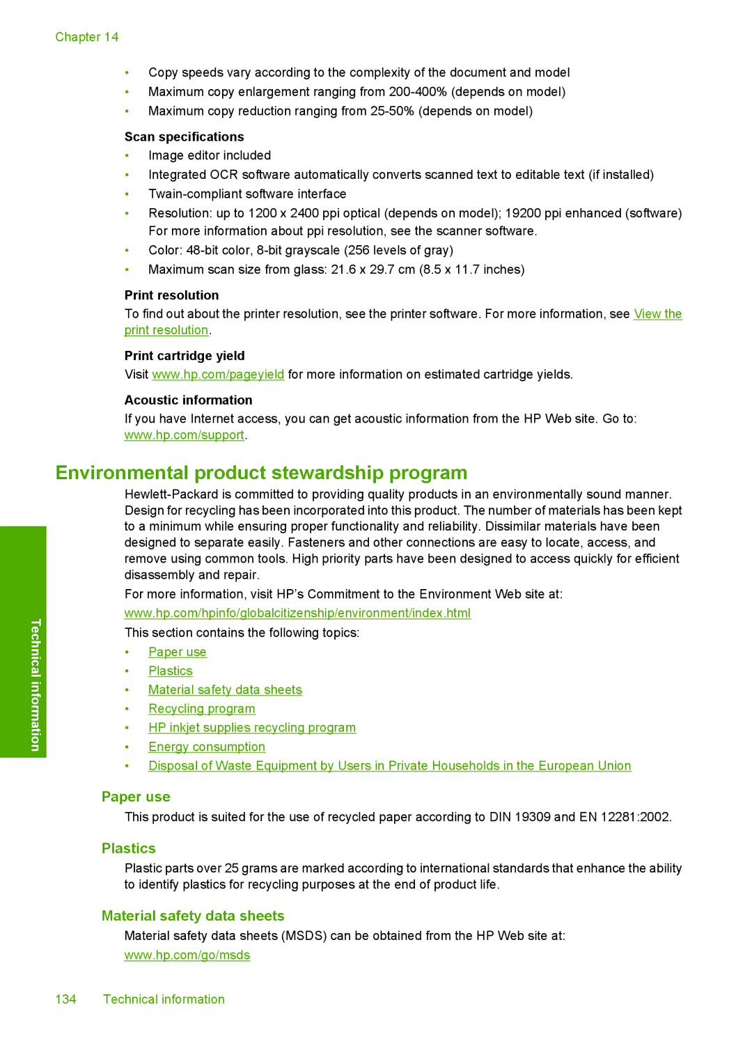 HP F2180, F2187, F2140, F2120, F2110 manual Paper use, Plastics, Material safety data sheets 