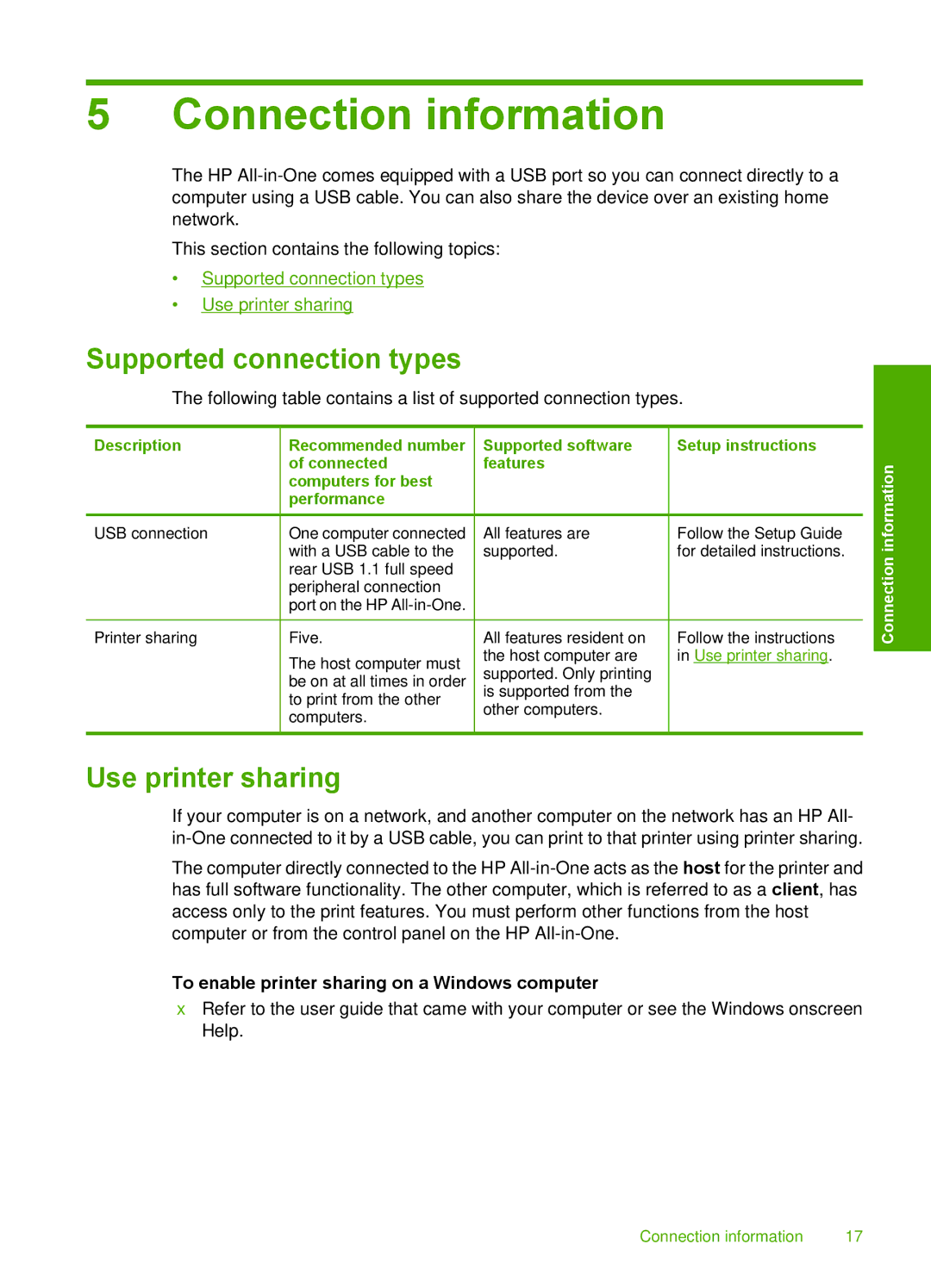 HP F2110, F2187, F2180, F2140, F2120 manual Connection information, Supported connection types, Use printer sharing 