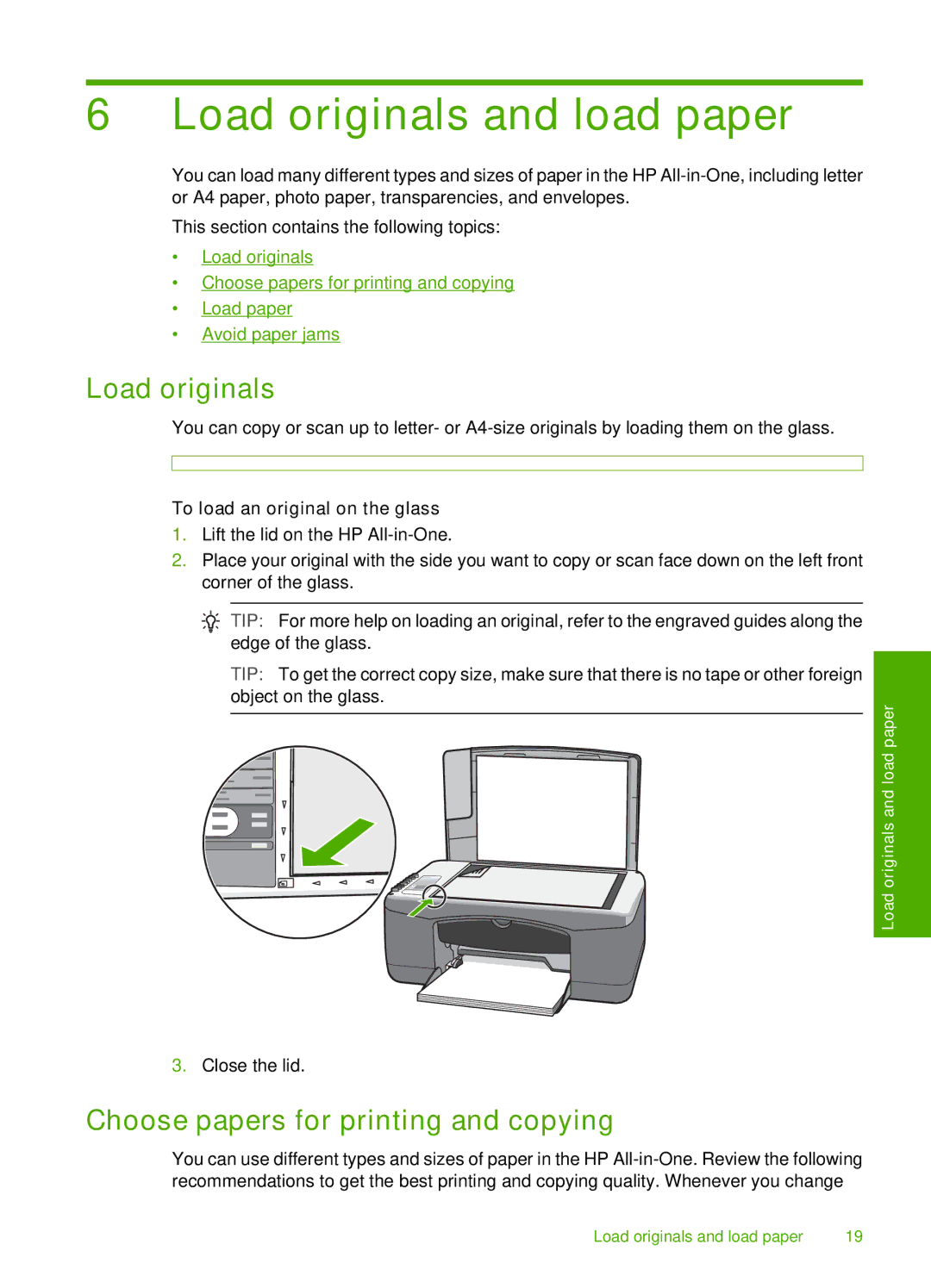 HP F2180, F2187 Load originals and load paper, Choose papers for printing and copying, To load an original on the glass 