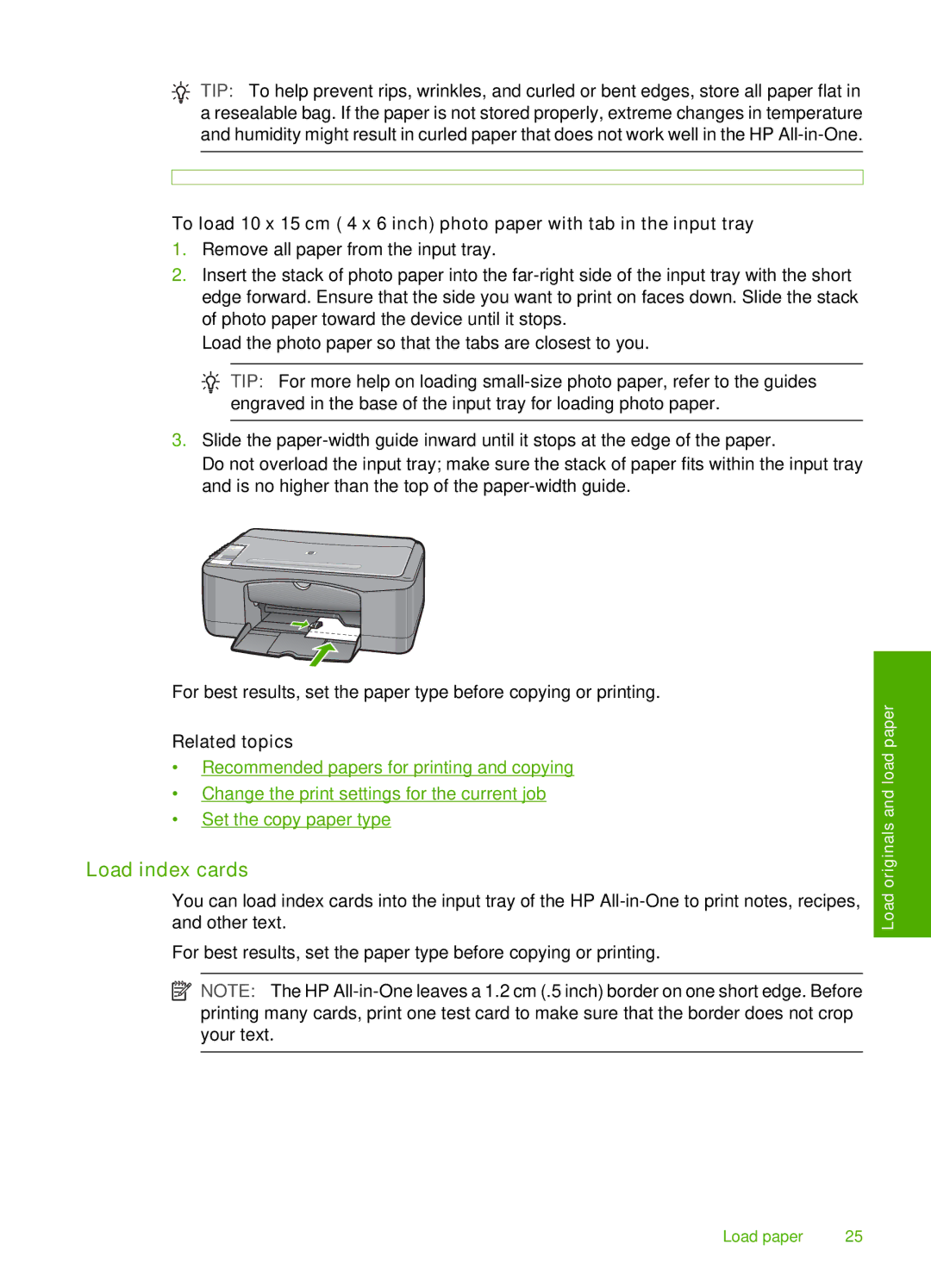 HP F2140, F2187, F2180, F2120, F2110 manual Load index cards, Related topics 