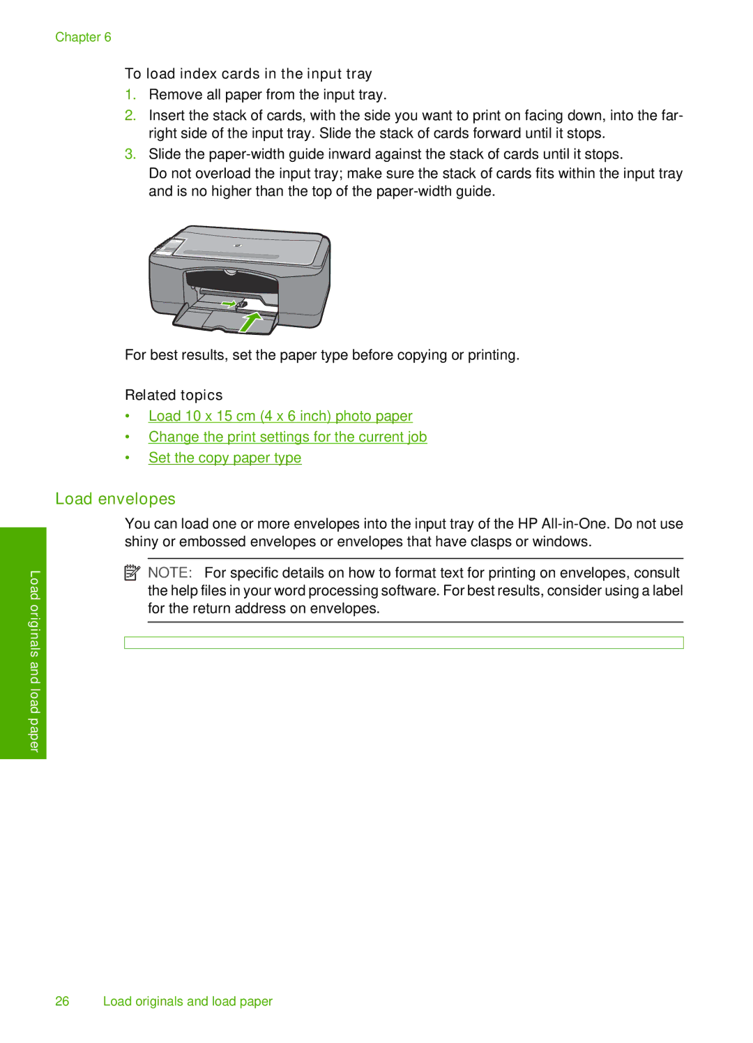 HP F2120, F2187, F2180, F2140, F2110 manual Load envelopes, To load index cards in the input tray 