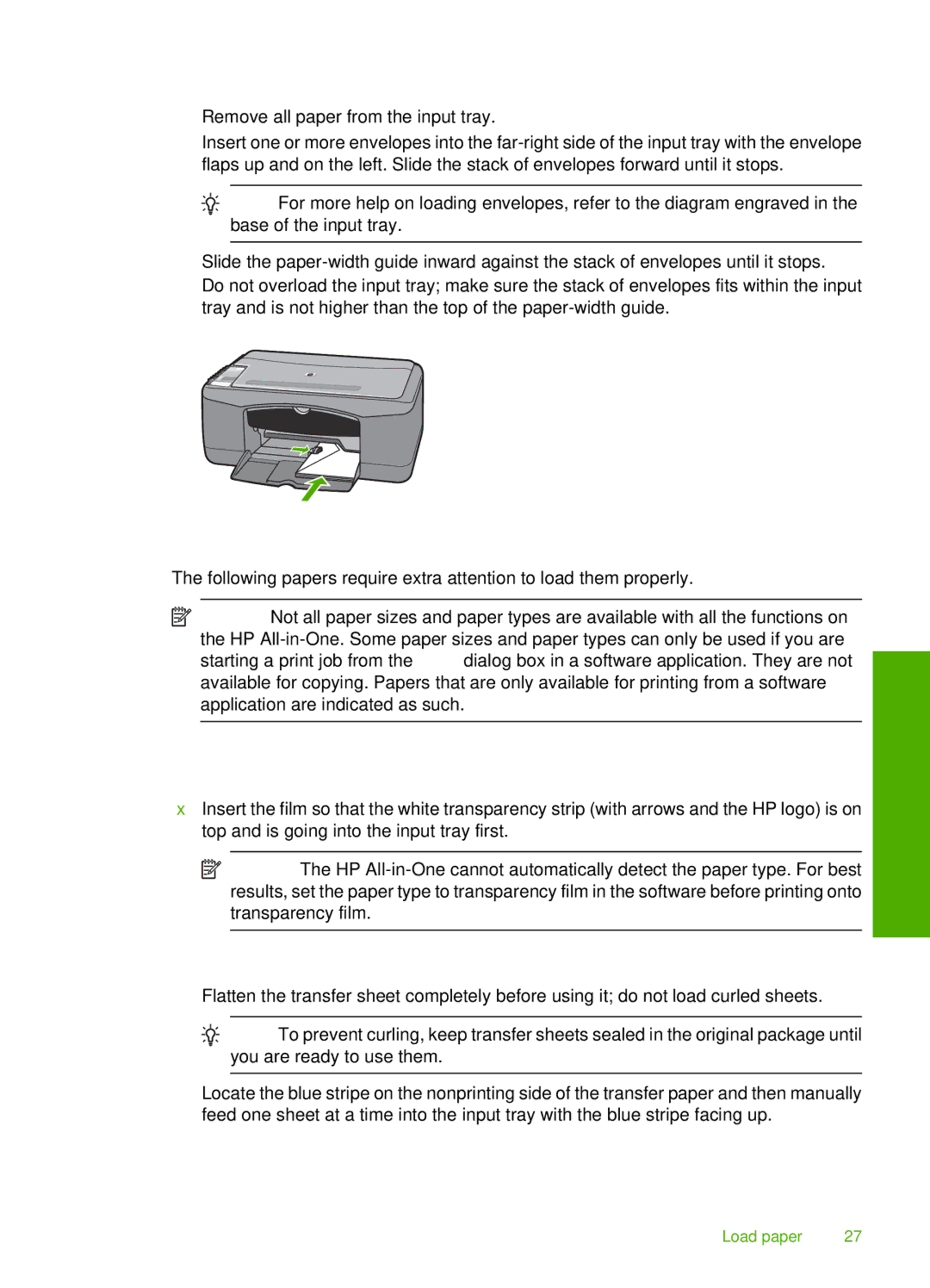 HP F2110, F2187, F2180, F2140, F2120 Load other types of paper, To load envelopes, HP Iron-On Transfers for printing only 