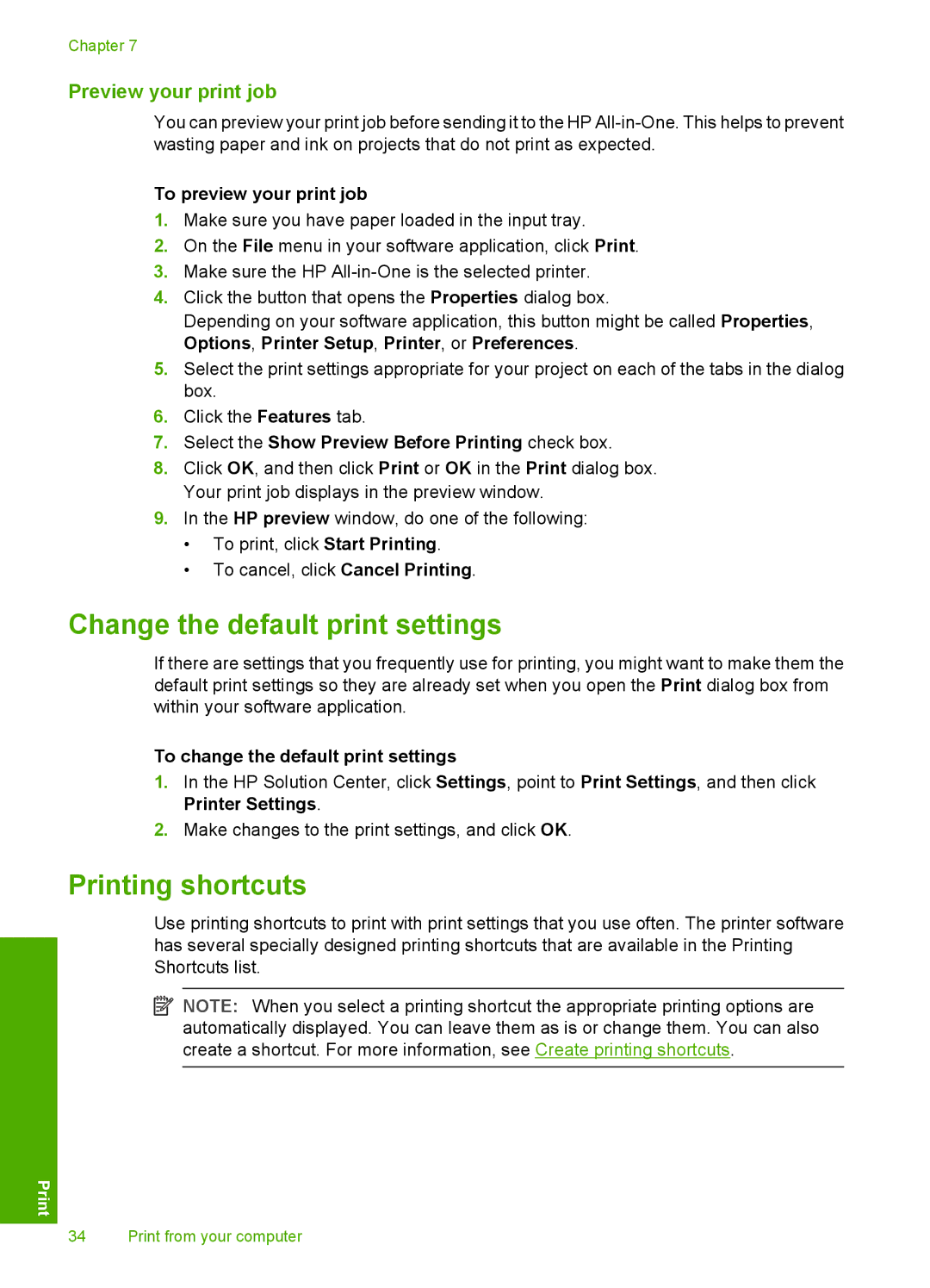 HP F2180, F2187, F2140, F2120, F2110 manual Change the default print settings, Printing shortcuts, Preview your print job 