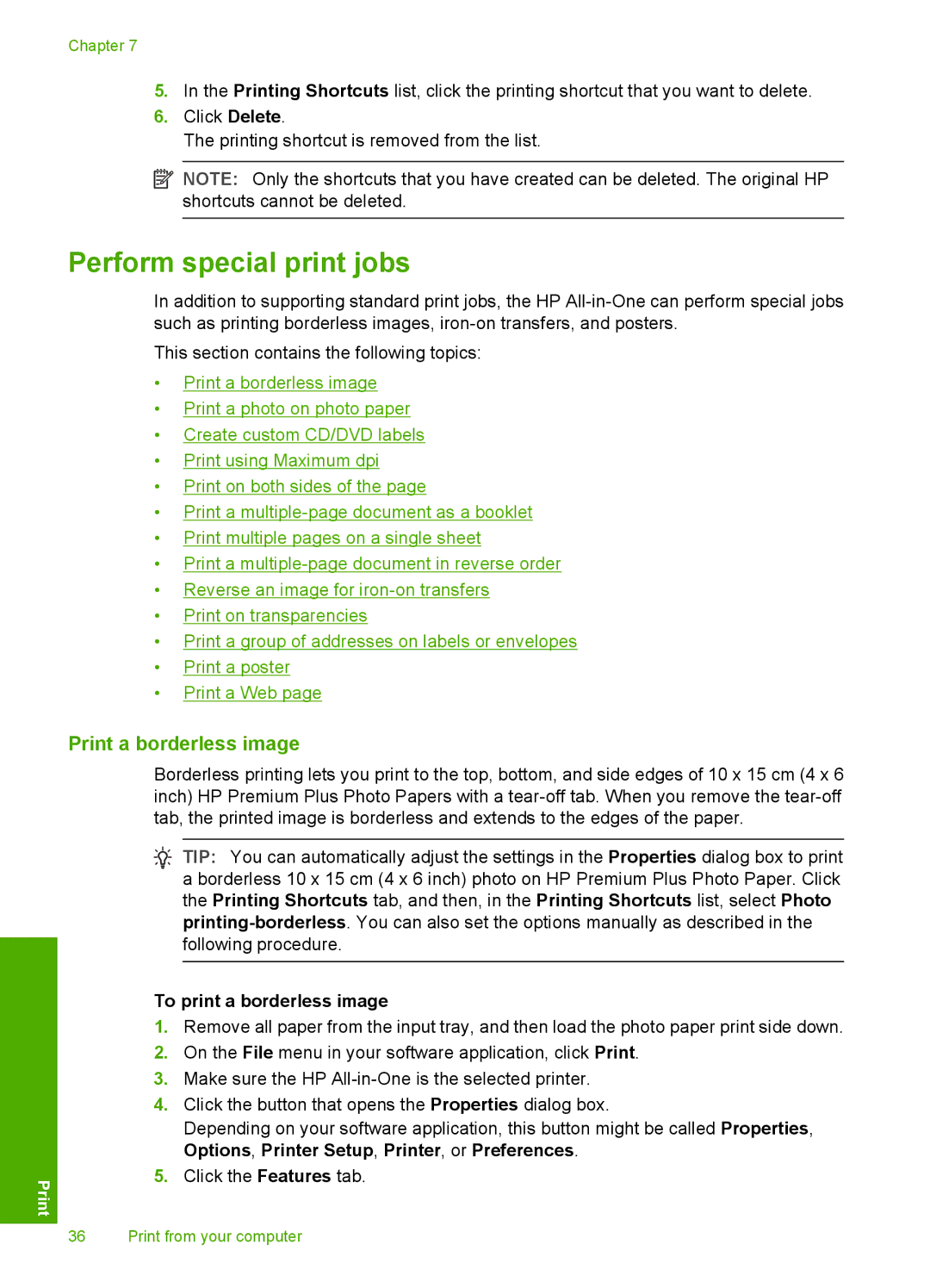 HP F2120, F2187, F2180, F2140, F2110 manual Perform special print jobs, Print a borderless image, To print a borderless image 