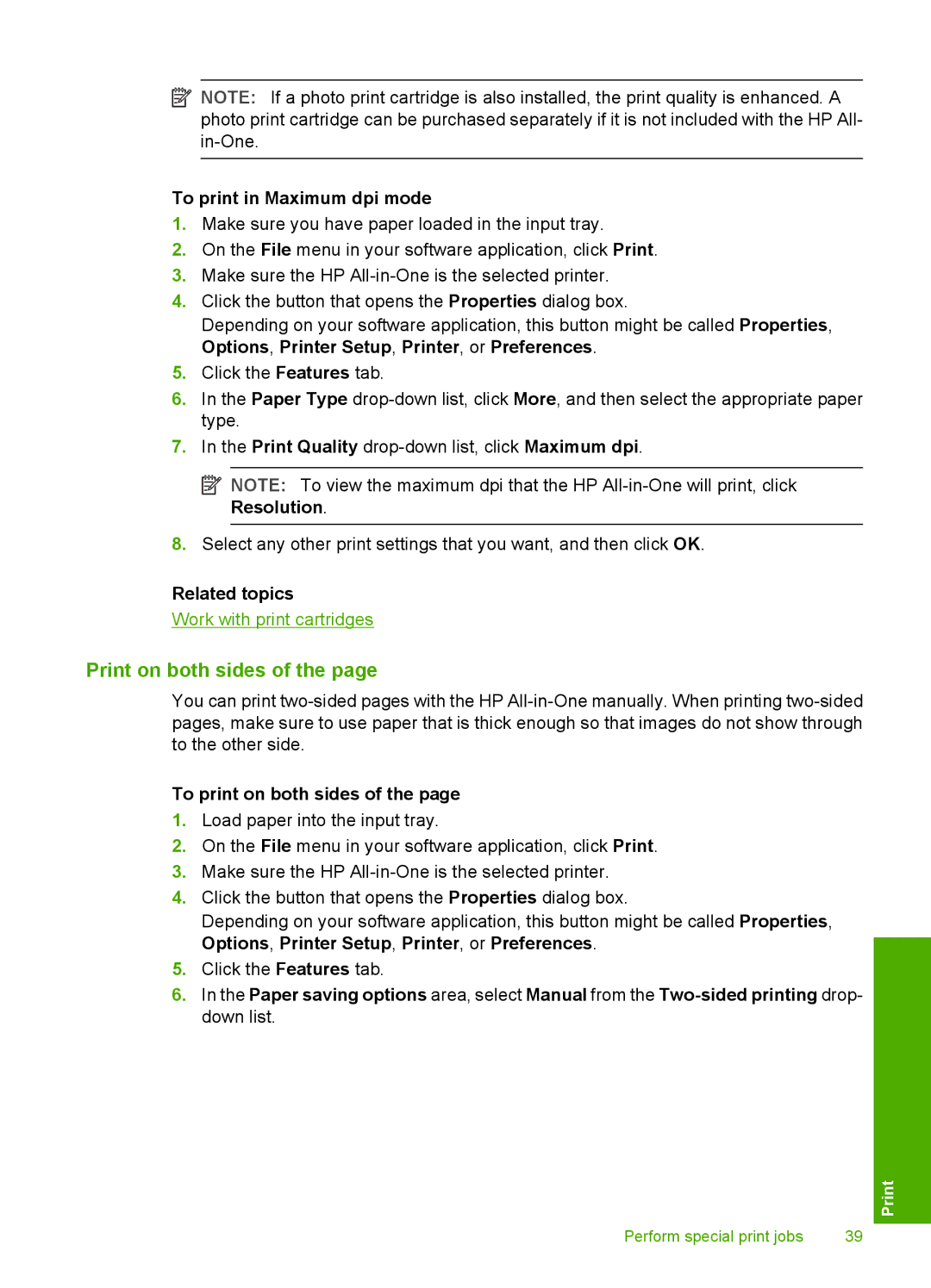 HP F2180, F2187, F2140, F2120, F2110 manual Print on both sides, To print in Maximum dpi mode, To print on both sides 