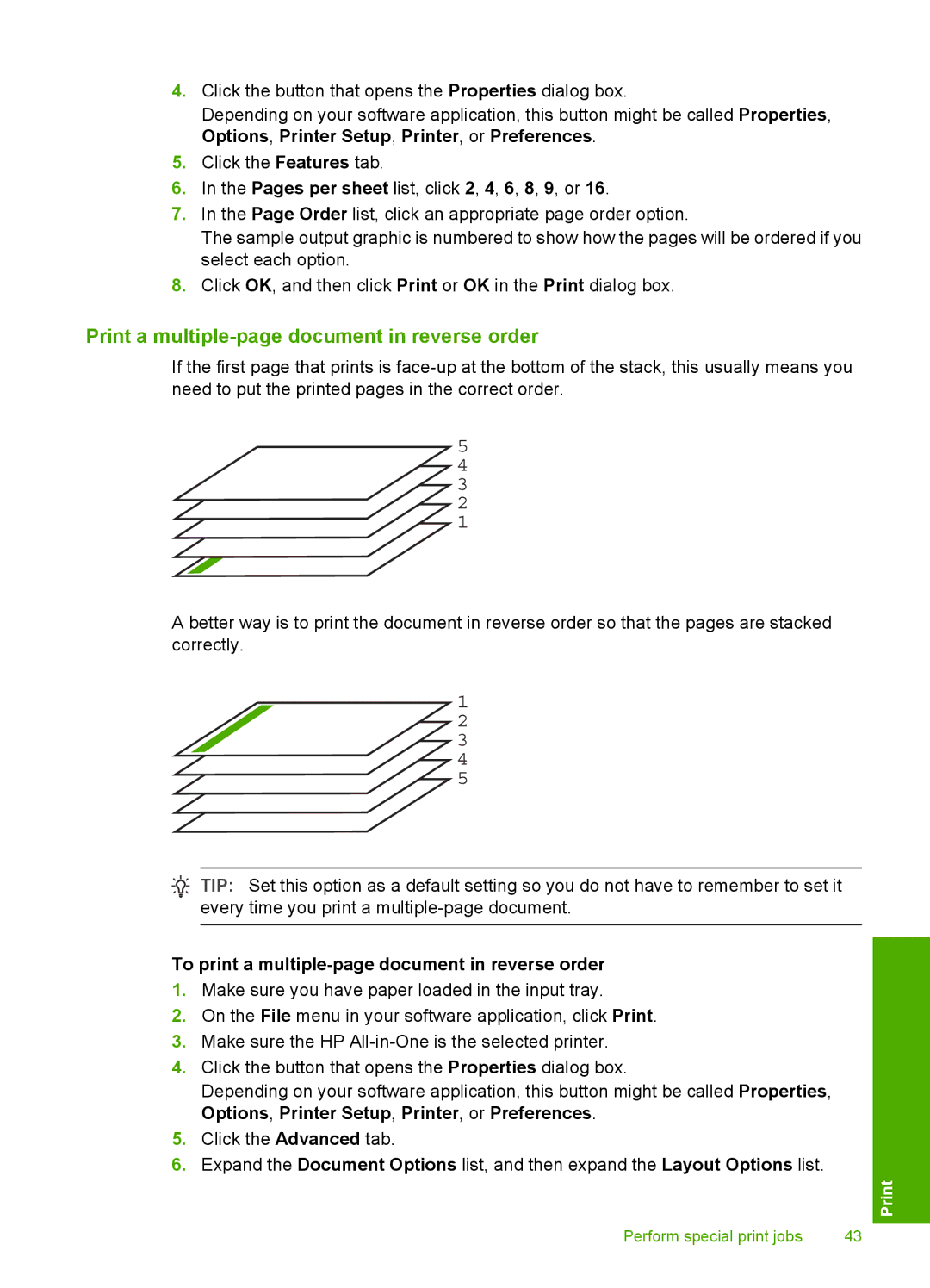 HP F2187, F2180, F2140 Print a multiple-page document in reverse order, To print a multiple-page document in reverse order 