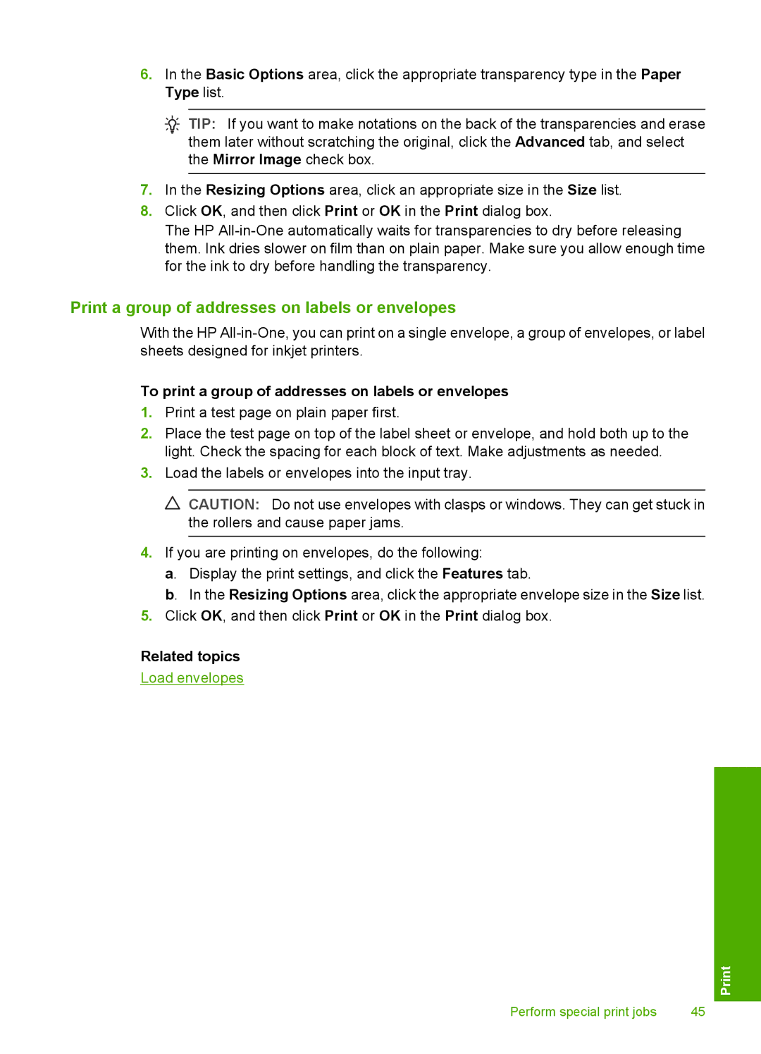 HP F2140, F2187 Print a group of addresses on labels or envelopes, To print a group of addresses on labels or envelopes 