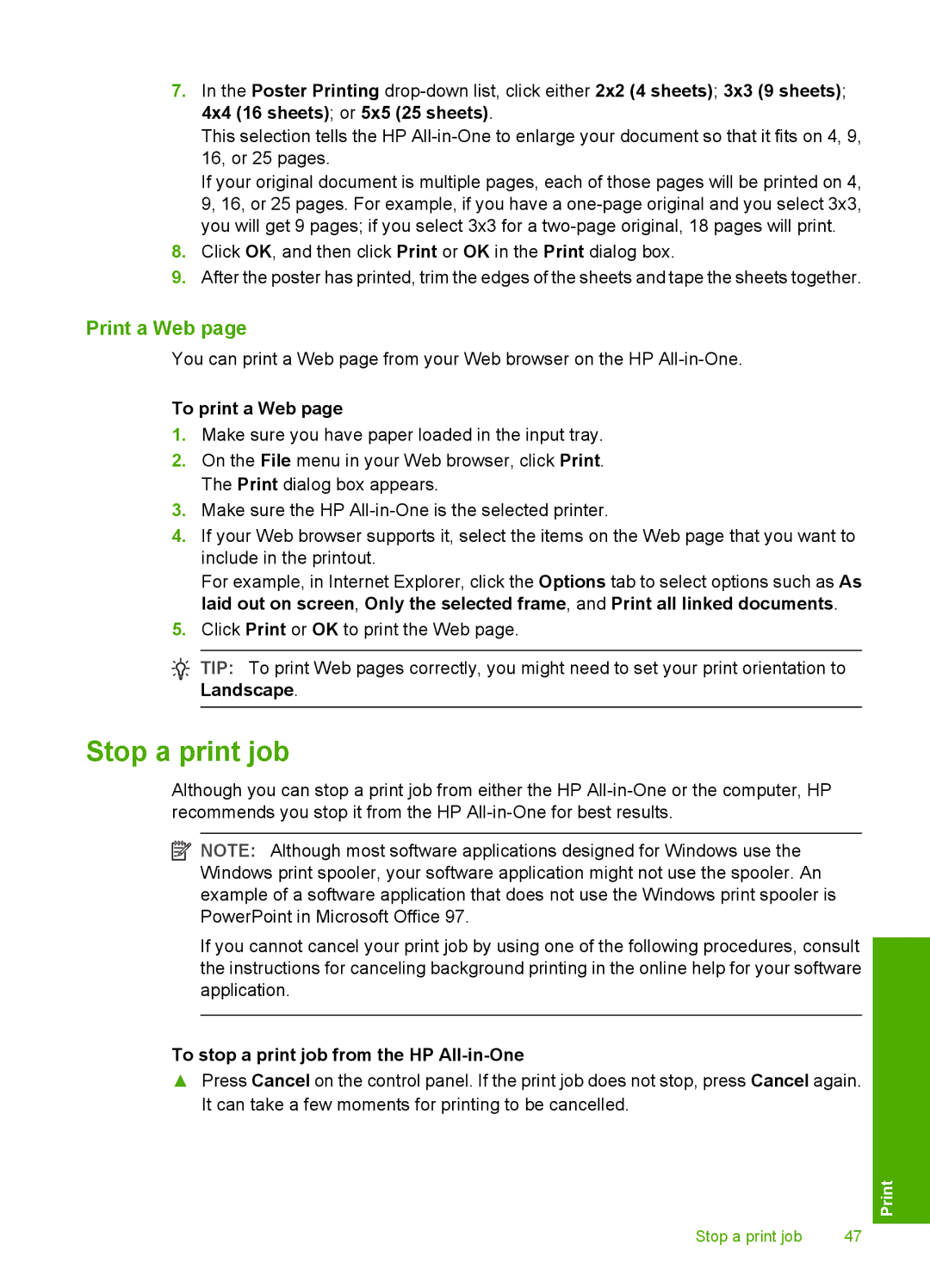 HP F2110, F2187, F2180, F2140 manual Stop a print job, Print a Web, To print a Web, To stop a print job from the HP All-in-One 