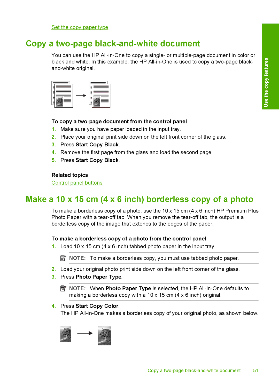 HP F2120, F2187, F2180 Copy a two-page black-and-white document, Make a 10 x 15 cm 4 x 6 inch borderless copy of a photo 