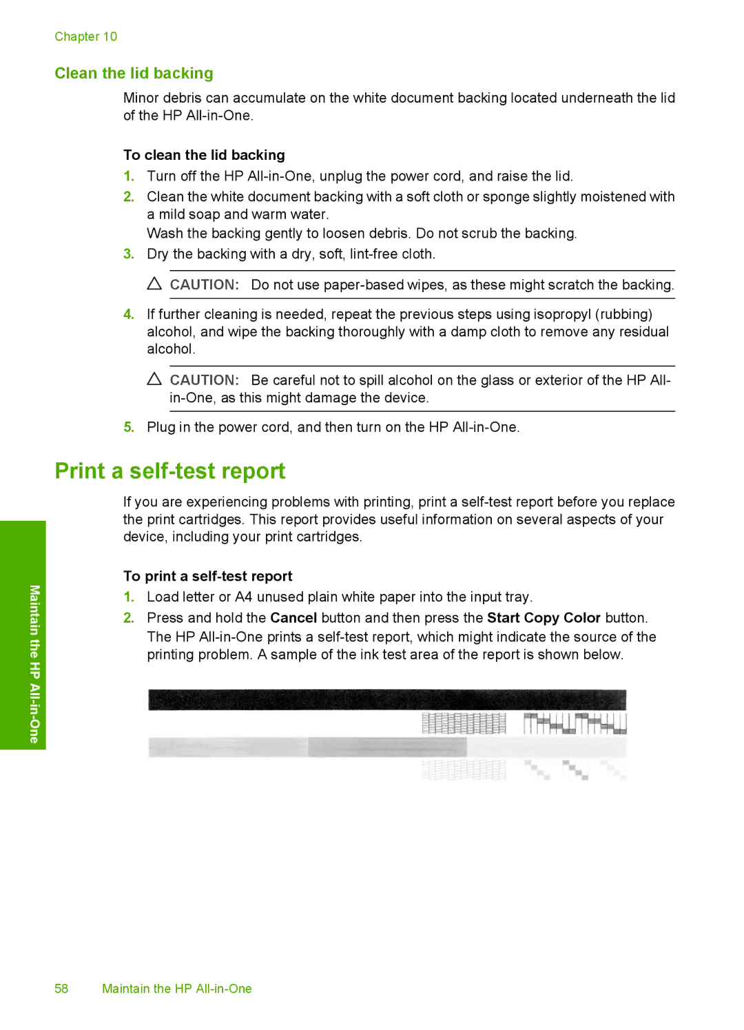 HP F2187, F2180 Print a self-test report, Clean the lid backing, To clean the lid backing, To print a self-test report 