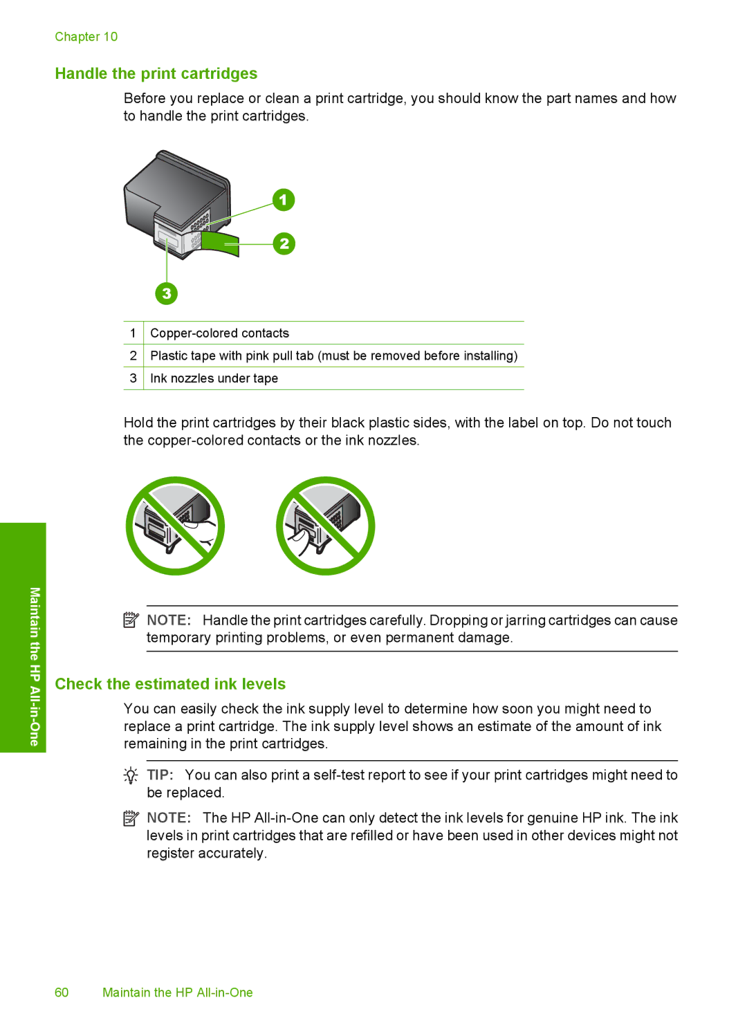 HP F2140, F2187, F2180, F2120, F2110 manual Handle the print cartridges, Check the estimated ink levels 