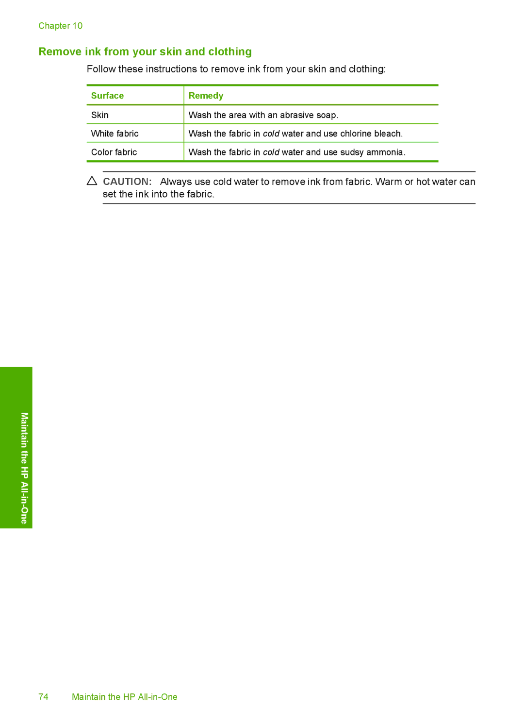 HP F2180, F2187, F2140, F2120, F2110 manual Remove ink from your skin and clothing, Remedy 