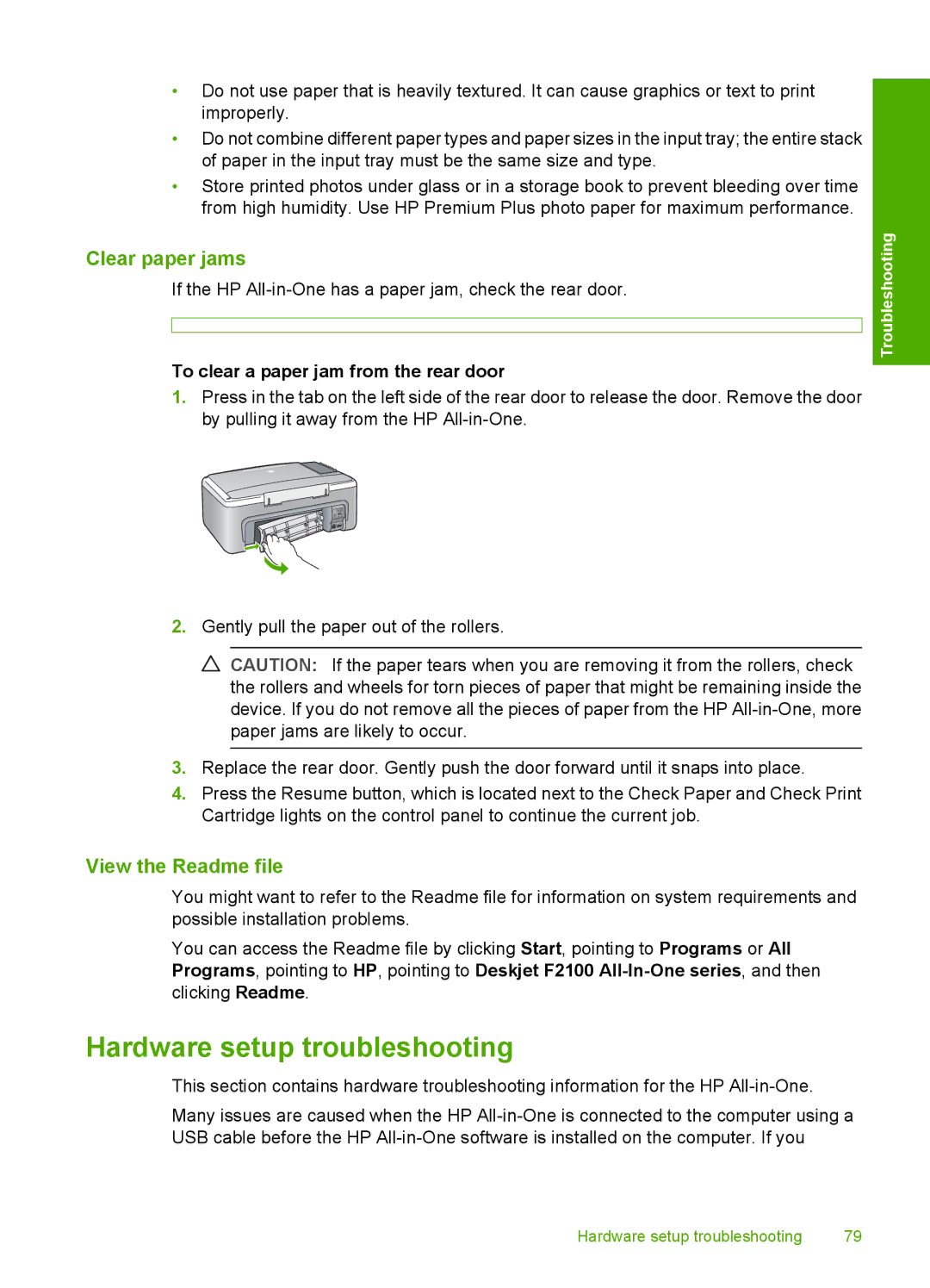 HP F2180 Hardware setup troubleshooting, Clear paper jams, View the Readme file, To clear a paper jam from the rear door 