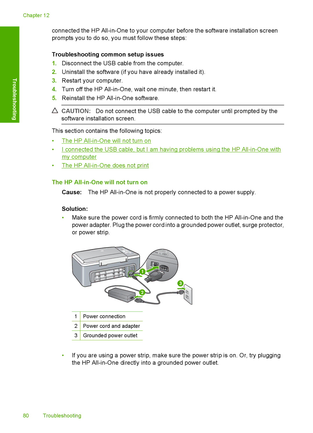 HP F2140, F2187, F2180, F2120, F2110 manual Troubleshooting common setup issues, HP All-in-One will not turn on, Solution 