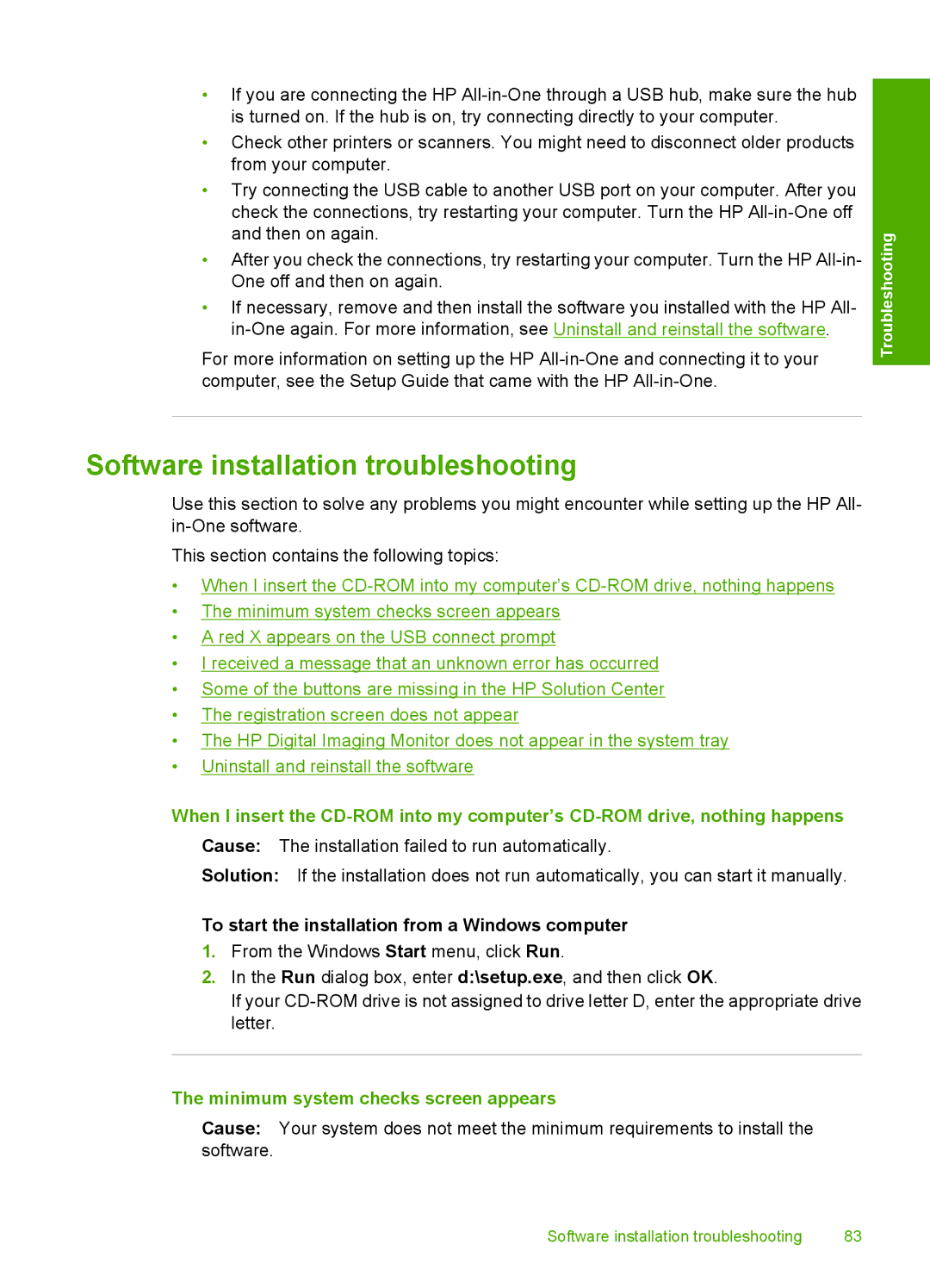 HP F2187, F2180, F2140, F2120, F2110 Software installation troubleshooting, To start the installation from a Windows computer 