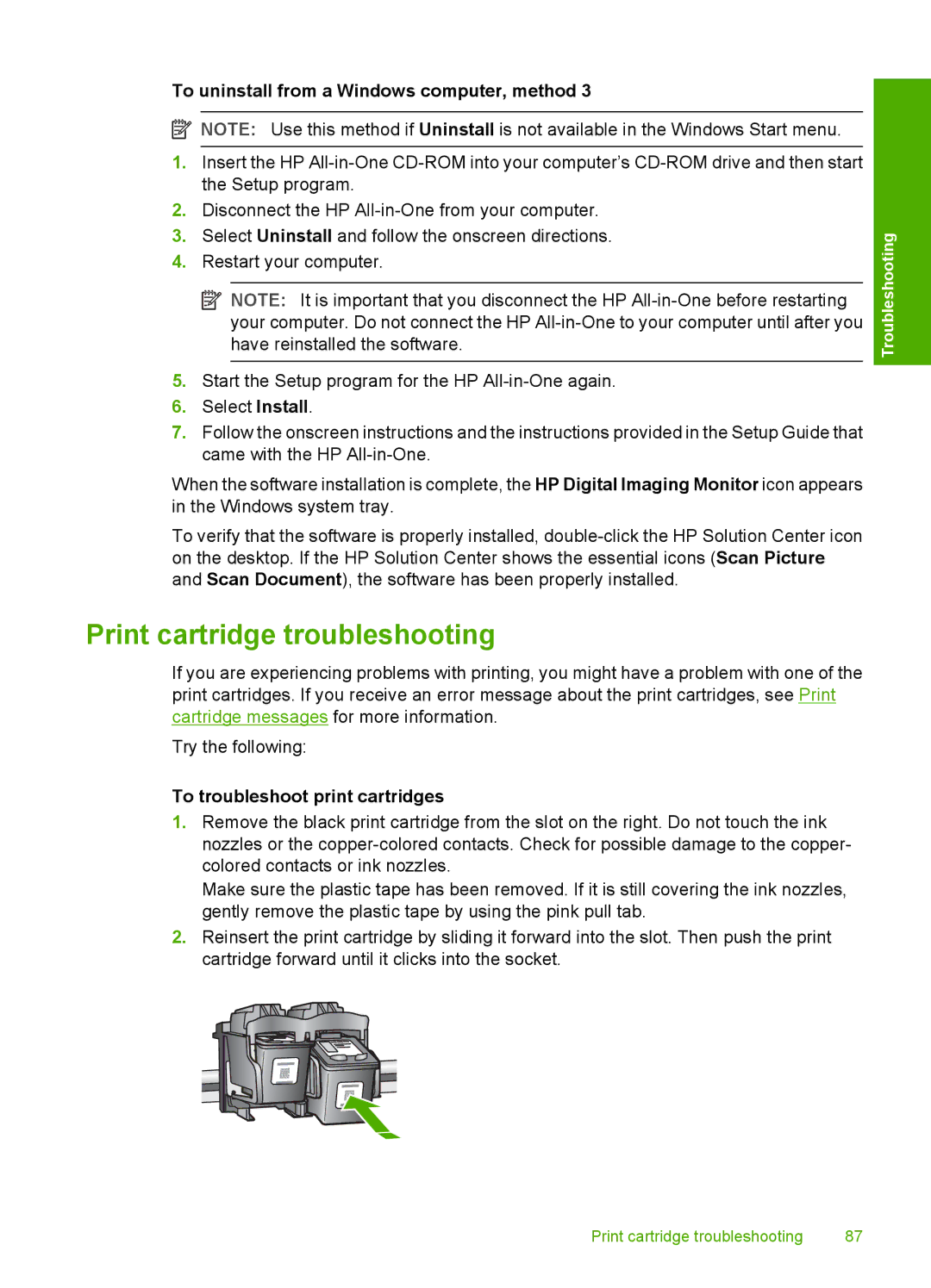 HP F2110, F2187, F2180, F2140, F2120 manual Print cartridge troubleshooting, To troubleshoot print cartridges 