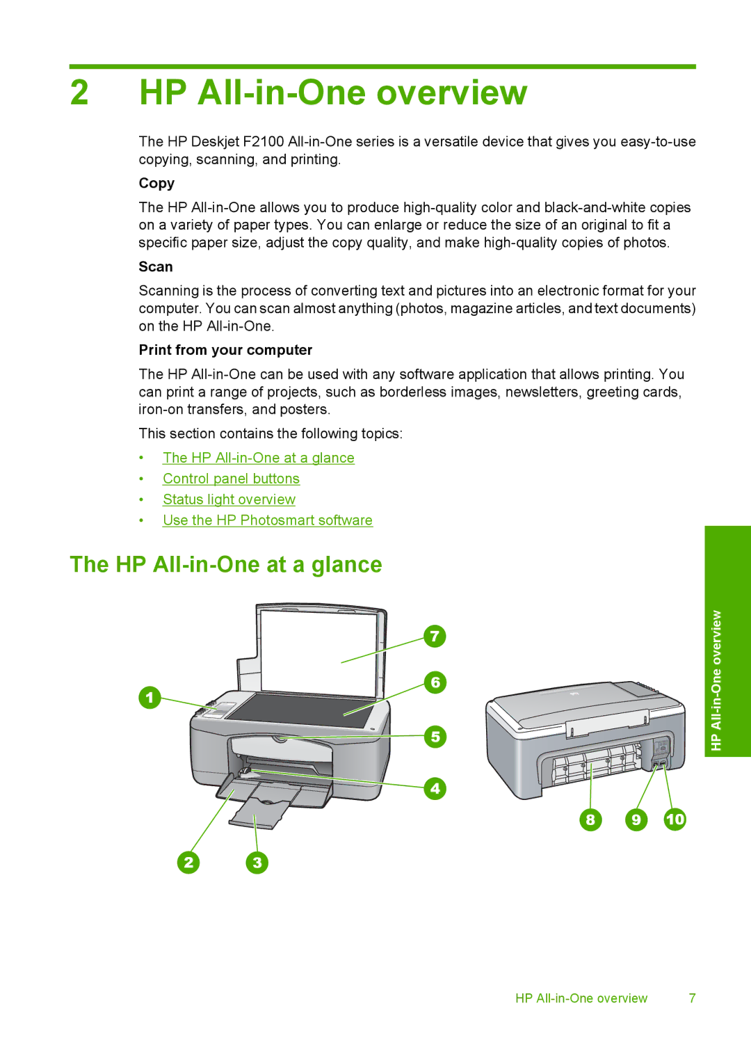 HP F2110, F2187, F2180, F2140, F2120 HP All-in-One overview, HP All-in-One at a glance, Copy, Scan, Print from your computer 