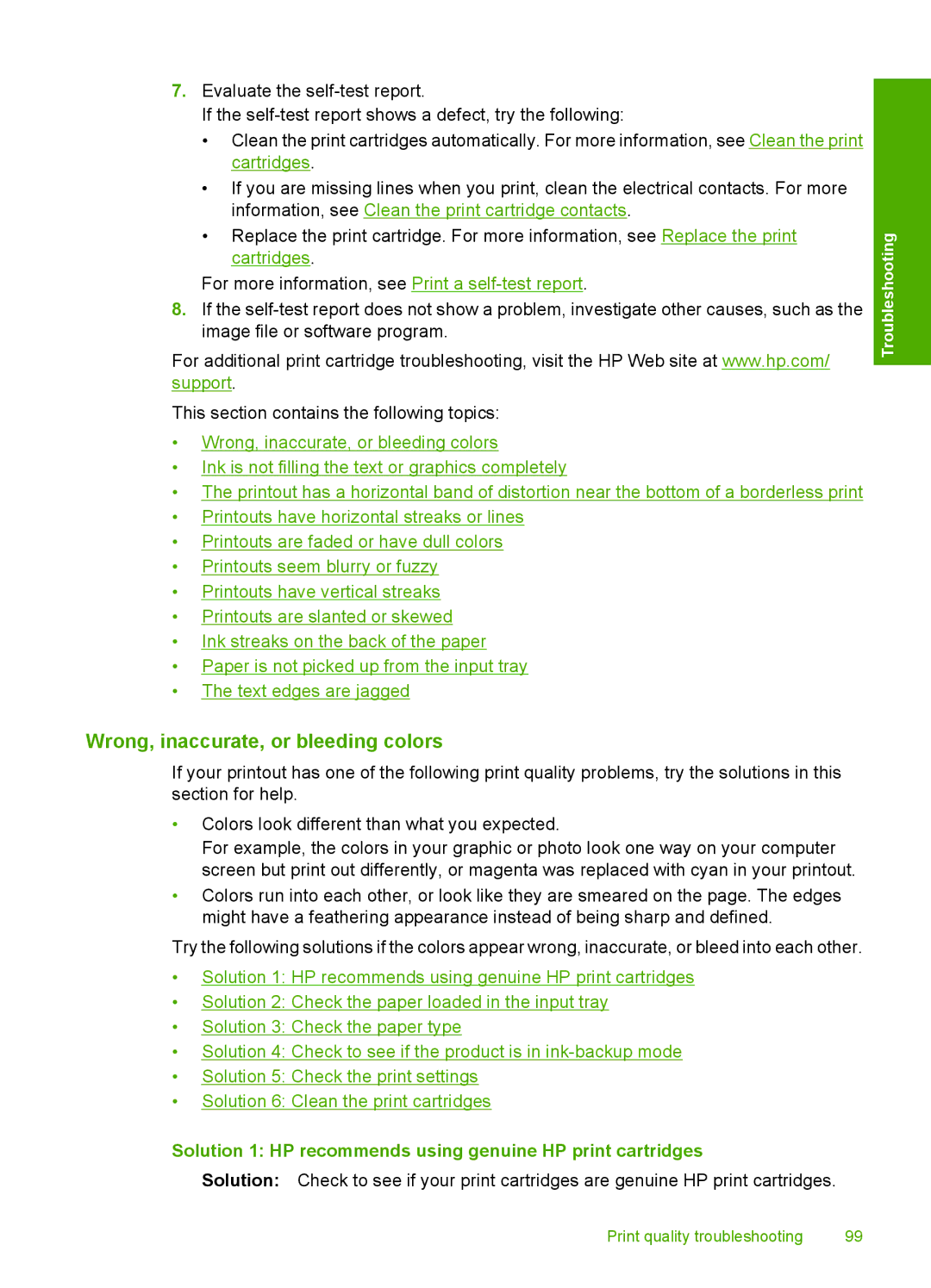 HP F2200 manual Wrong, inaccurate, or bleeding colors, Solution 1 HP recommends using genuine HP print cartridges 