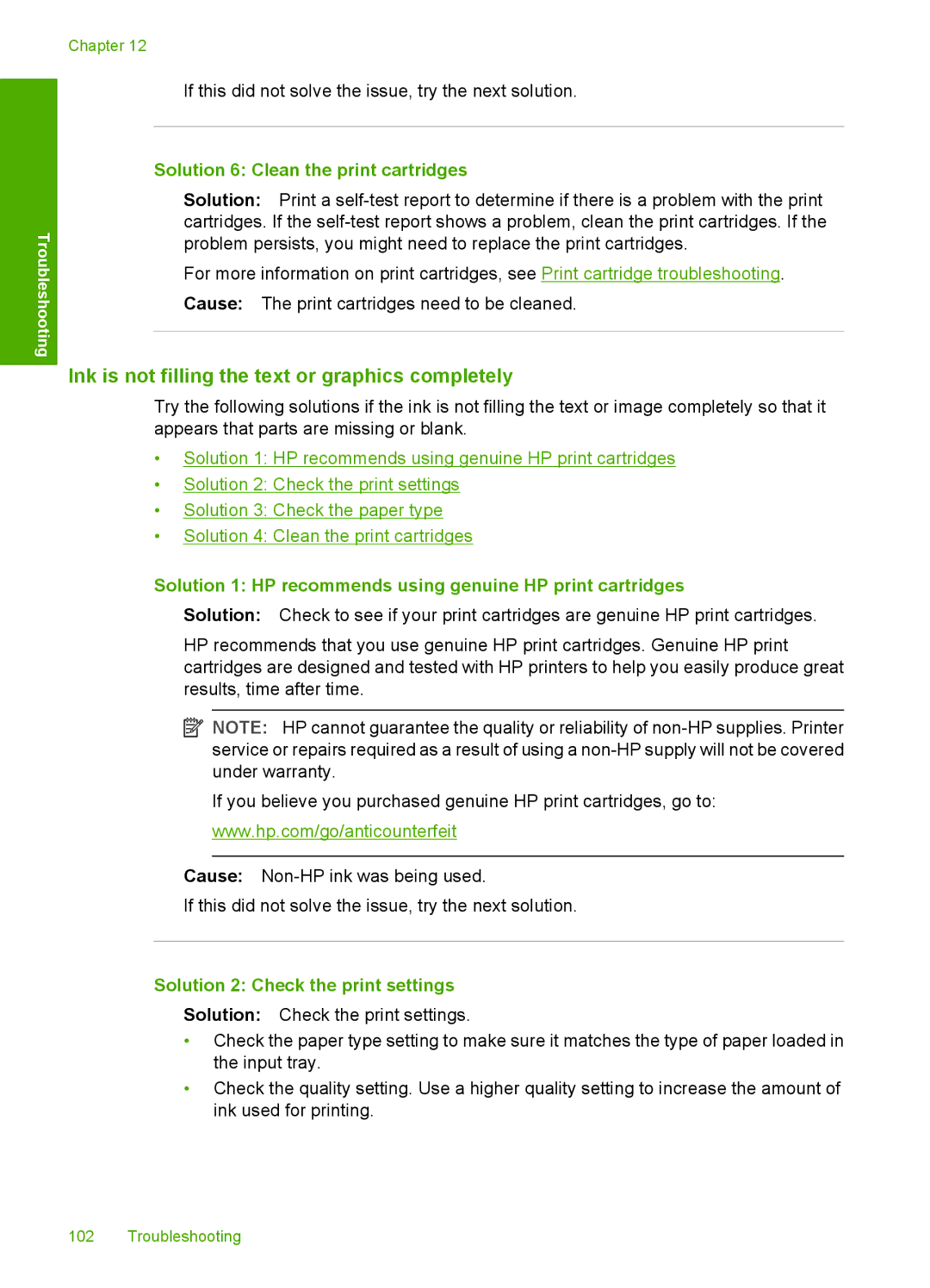 HP F2200 manual Ink is not filling the text or graphics completely, Solution 6 Clean the print cartridges 