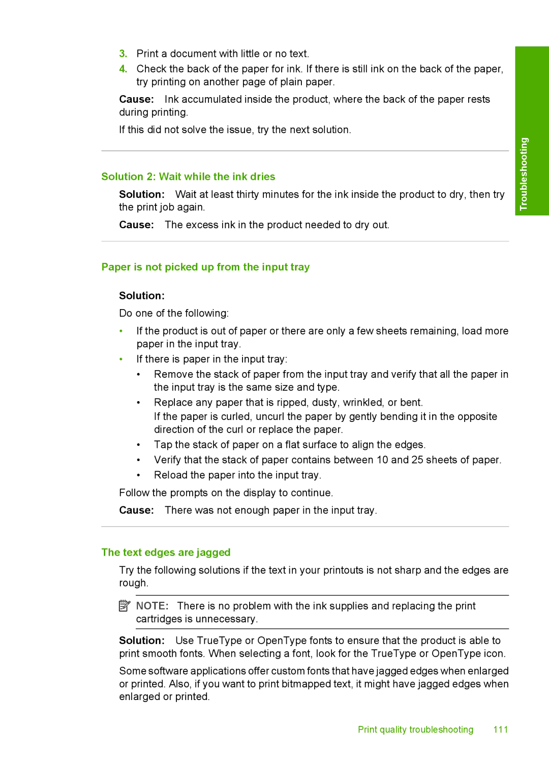 HP F2200 manual Solution 2 Wait while the ink dries, Paper is not picked up from the input tray, Text edges are jagged 