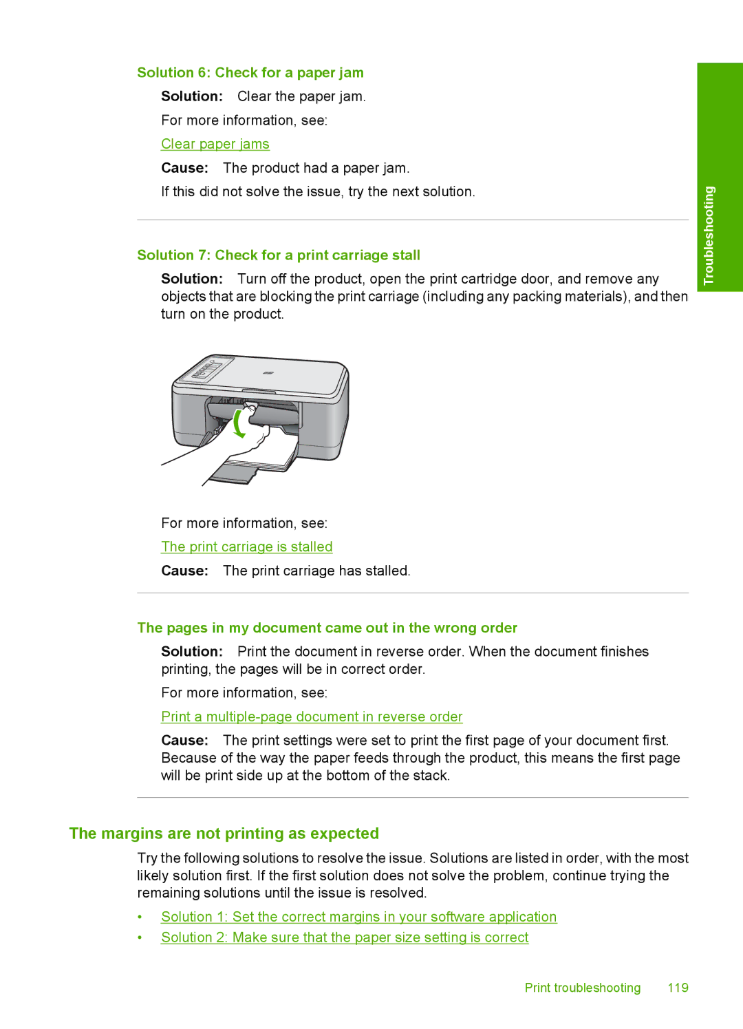 HP F2200 manual Margins are not printing as expected, Solution 6 Check for a paper jam 