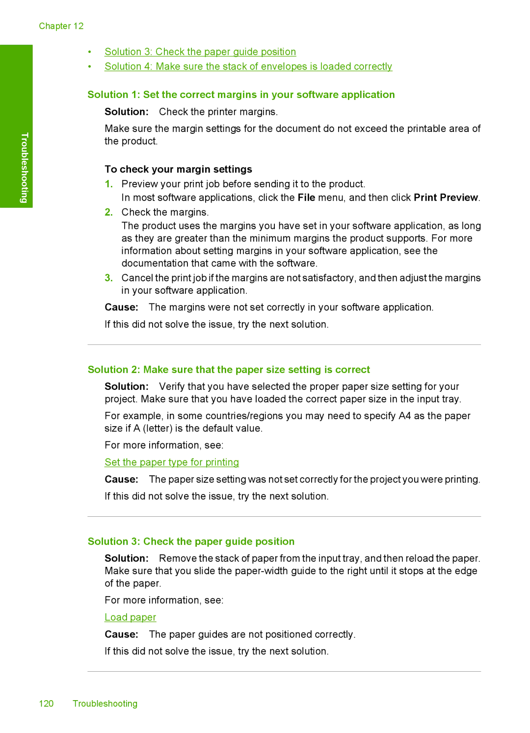 HP F2200 manual To check your margin settings, Solution 2 Make sure that the paper size setting is correct 