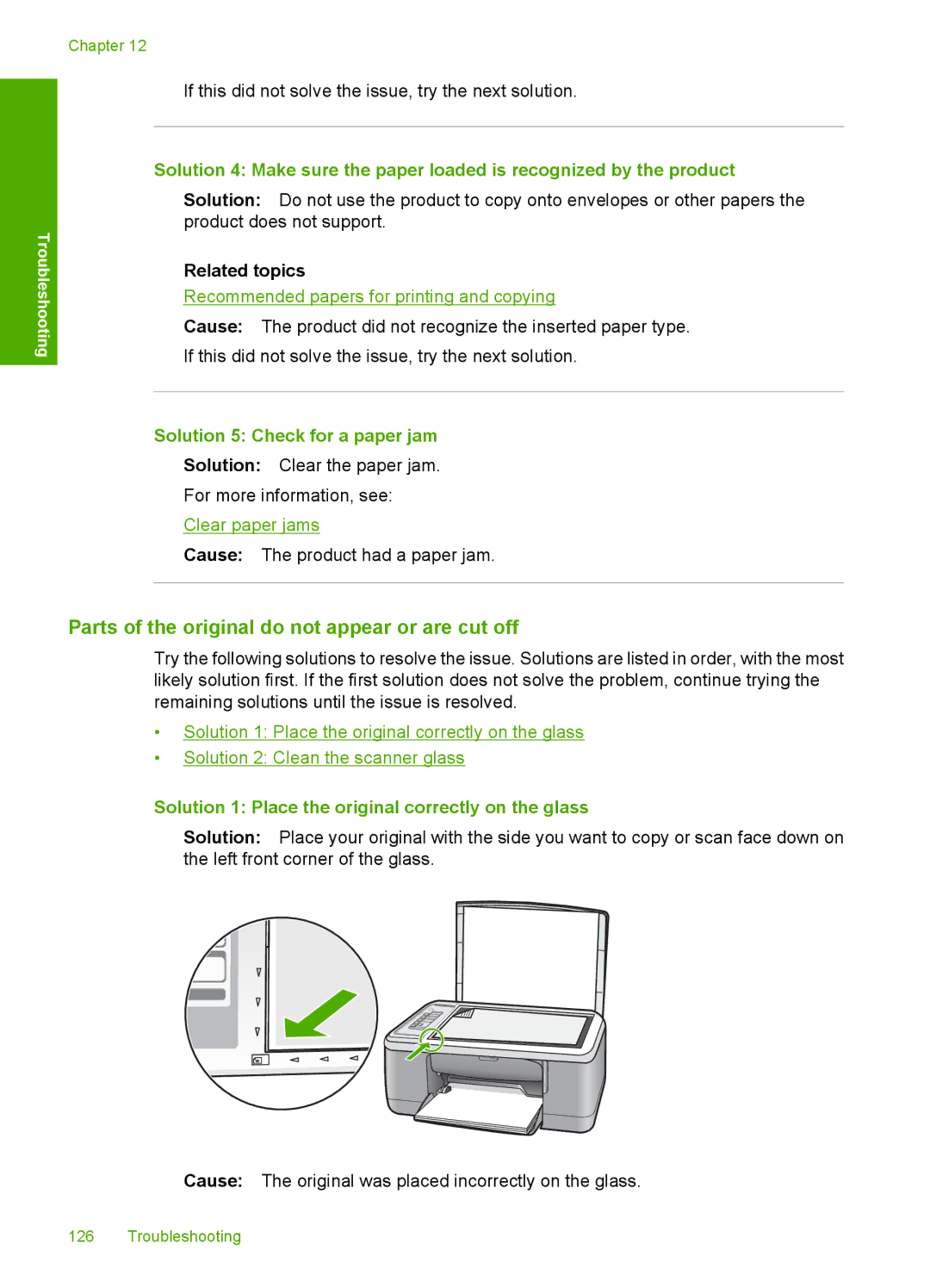 HP F2200 manual Parts of the original do not appear or are cut off, Solution 5 Check for a paper jam 