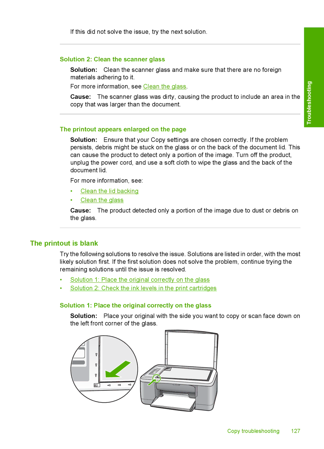 HP F2200 manual Printout is blank, Solution 2 Clean the scanner glass, Printout appears enlarged on 