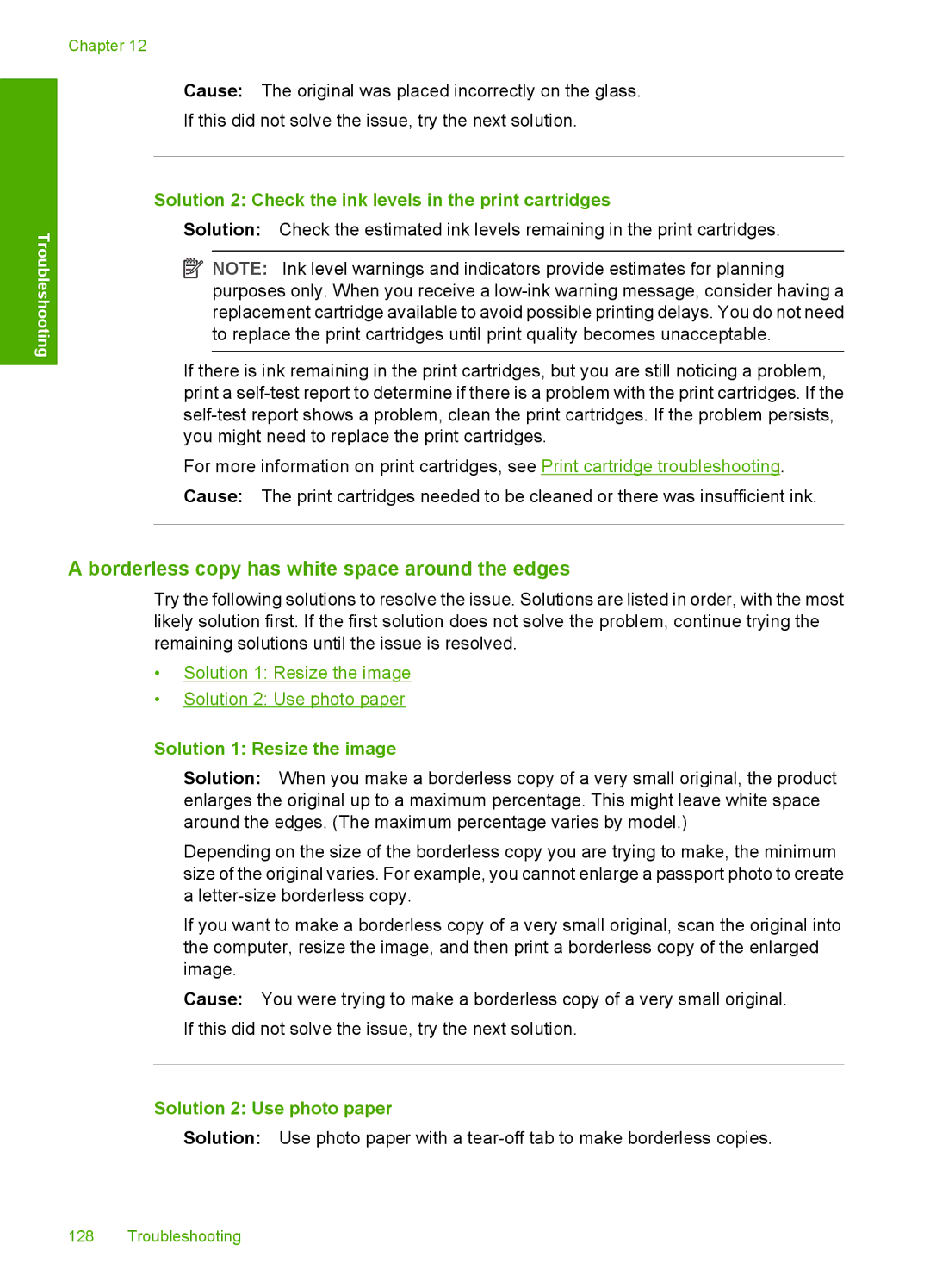 HP F2200 manual Borderless copy has white space around the edges, Solution 2 Check the ink levels in the print cartridges 