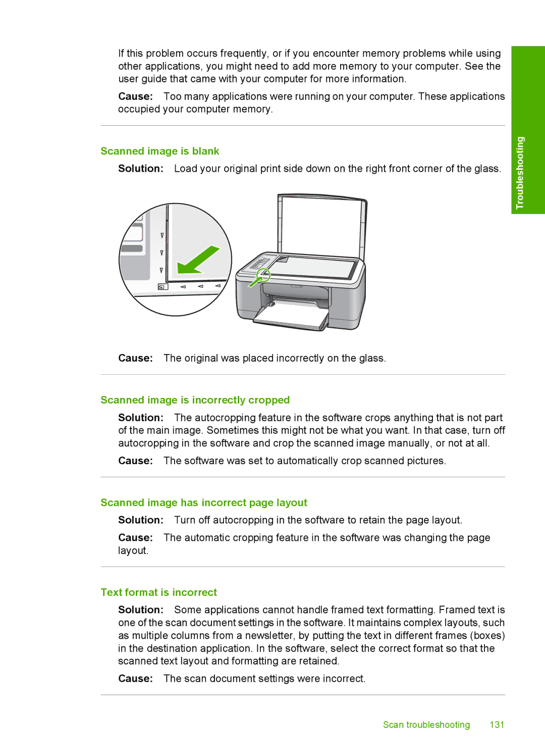 HP F2200 manual Scanned image is blank, Scanned image is incorrectly cropped, Scanned image has incorrect page layout 