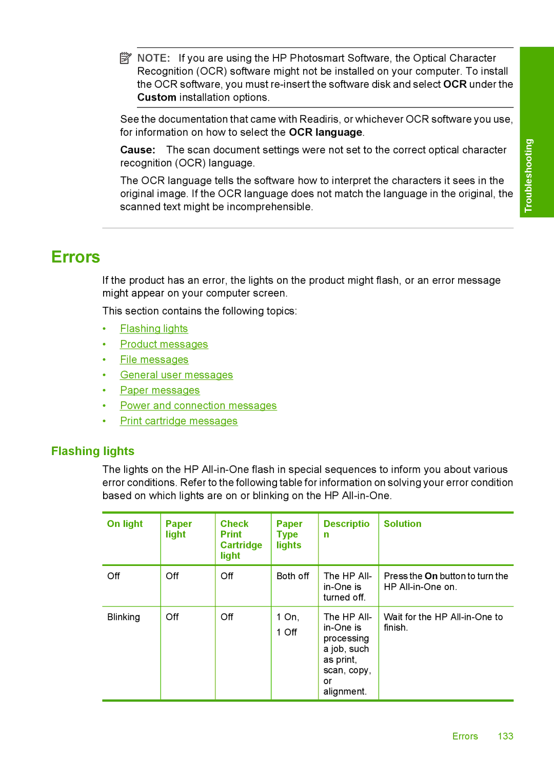 HP F2200 manual Errors, Flashing lights 