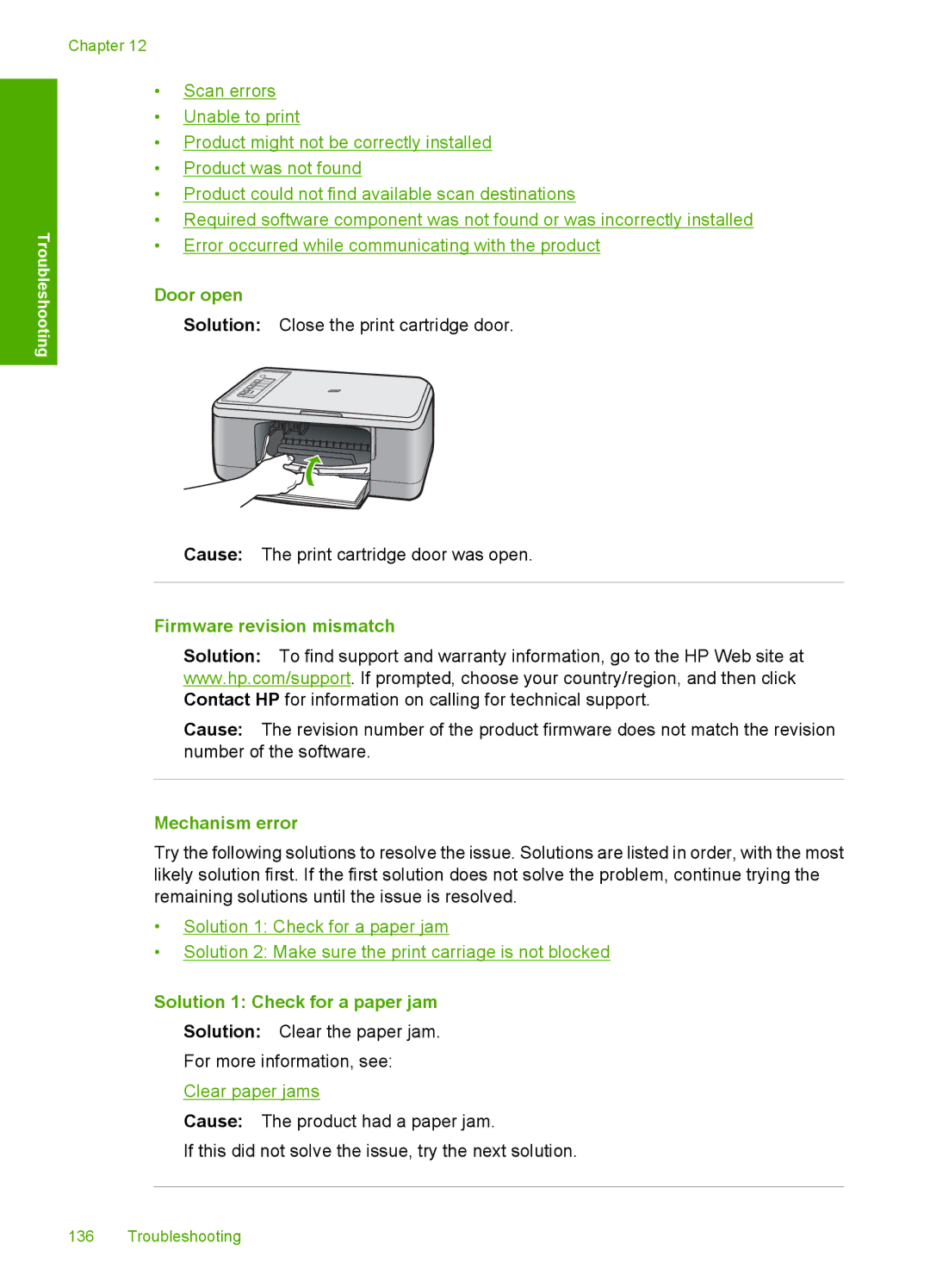 HP F2200 manual Door open, Firmware revision mismatch, Mechanism error, Solution 1 Check for a paper jam 