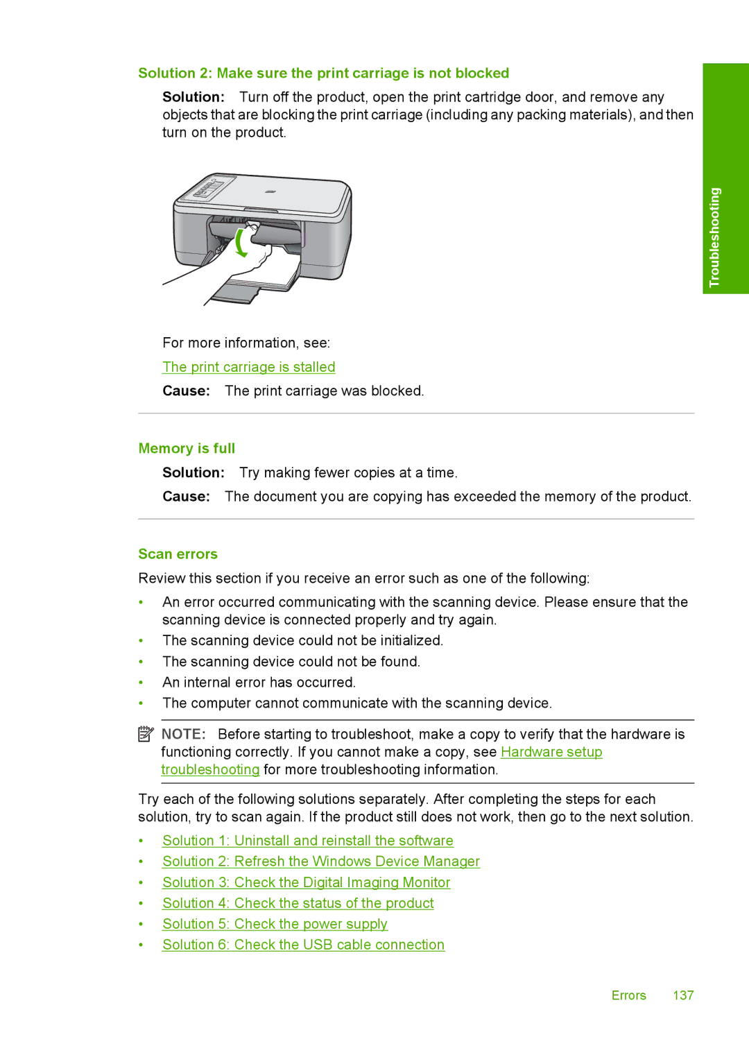 HP F2200 manual Solution 2 Make sure the print carriage is not blocked, Memory is full, Scan errors 