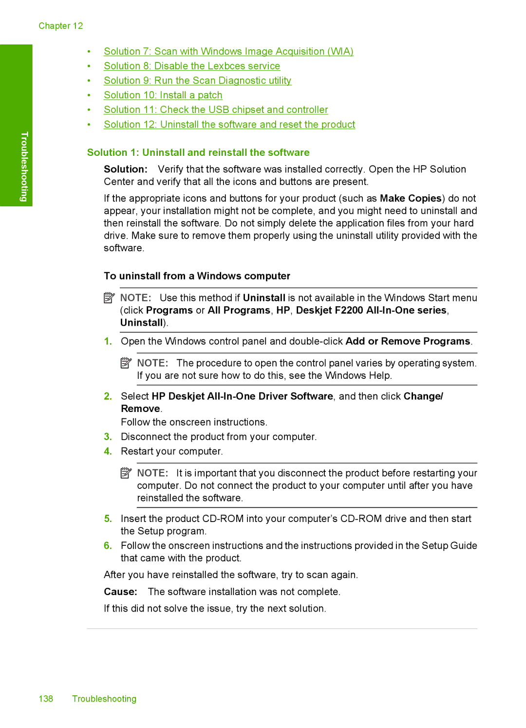 HP F2200 manual Solution 1 Uninstall and reinstall the software, To uninstall from a Windows computer 