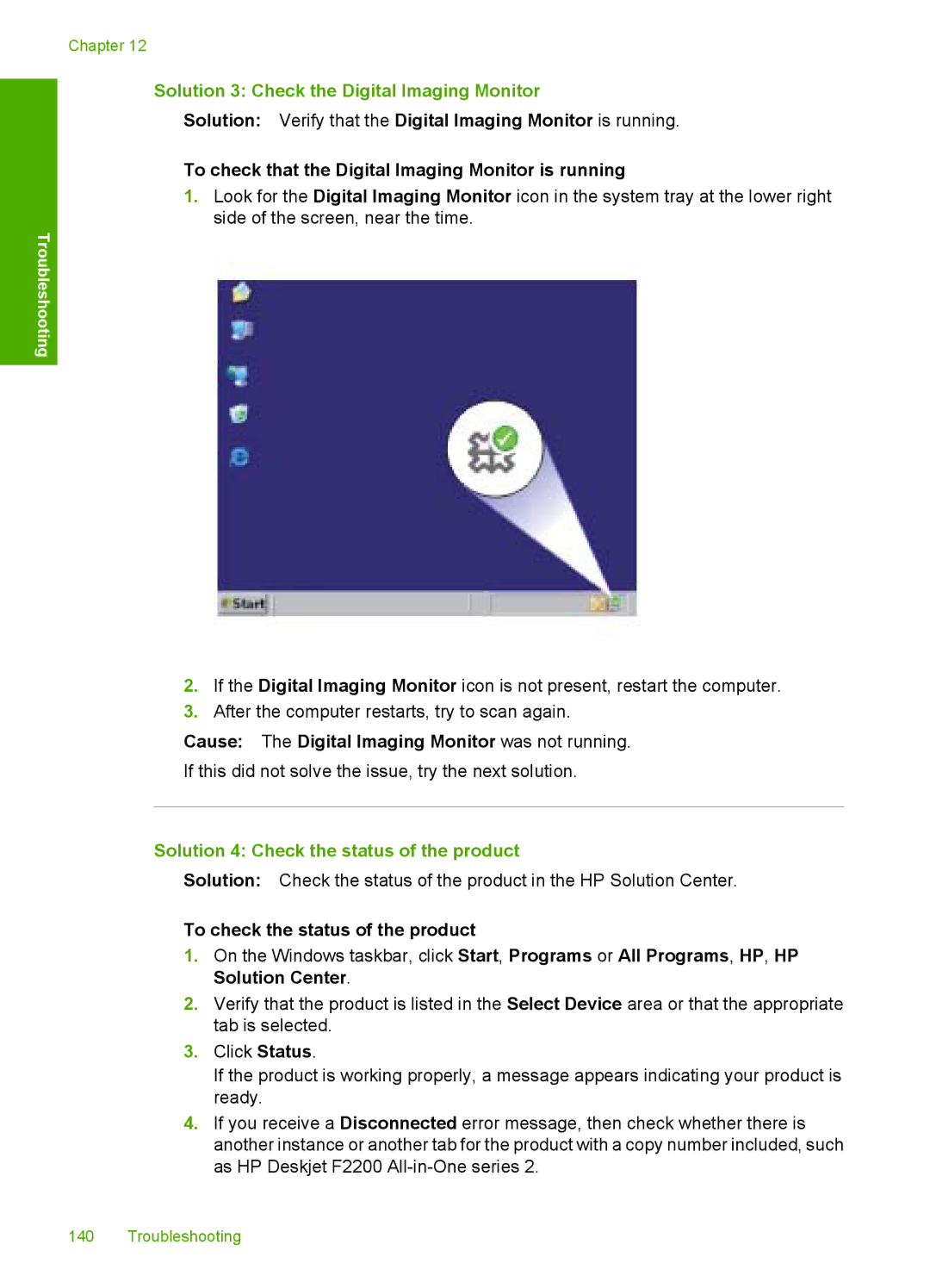 HP F2200 manual Solution 3 Check the Digital Imaging Monitor, Cause The Digital Imaging Monitor was not running 