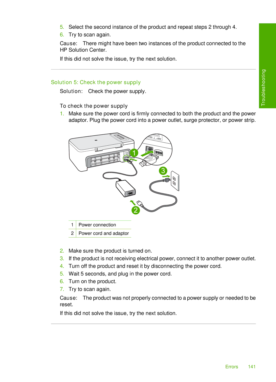 HP F2200 manual Solution 5 Check the power supply, To check the power supply 