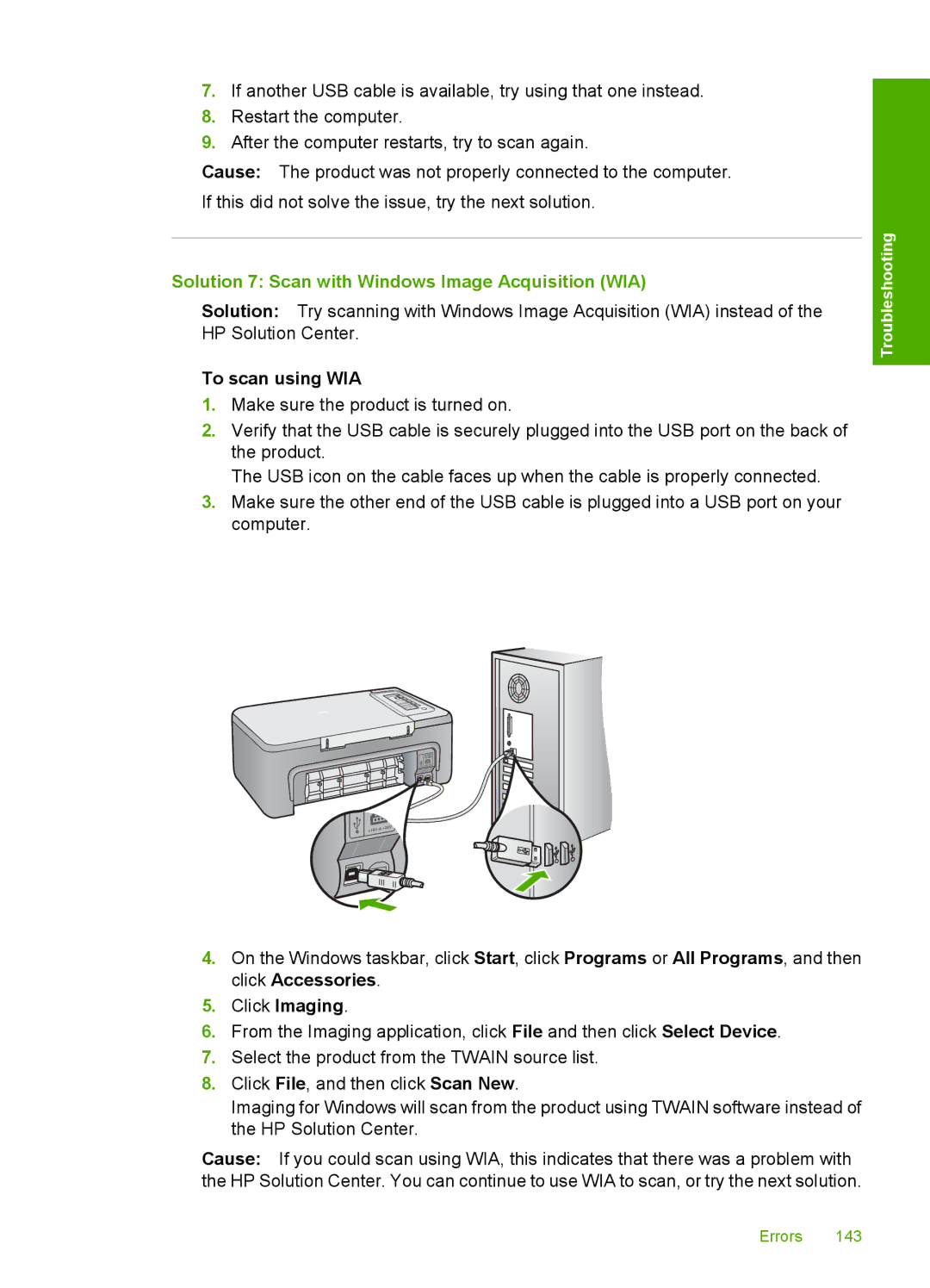 HP F2200 manual Solution 7 Scan with Windows Image Acquisition WIA, To scan using WIA 