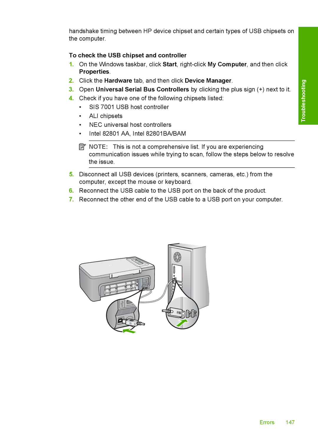 HP F2200 manual To check the USB chipset and controller 